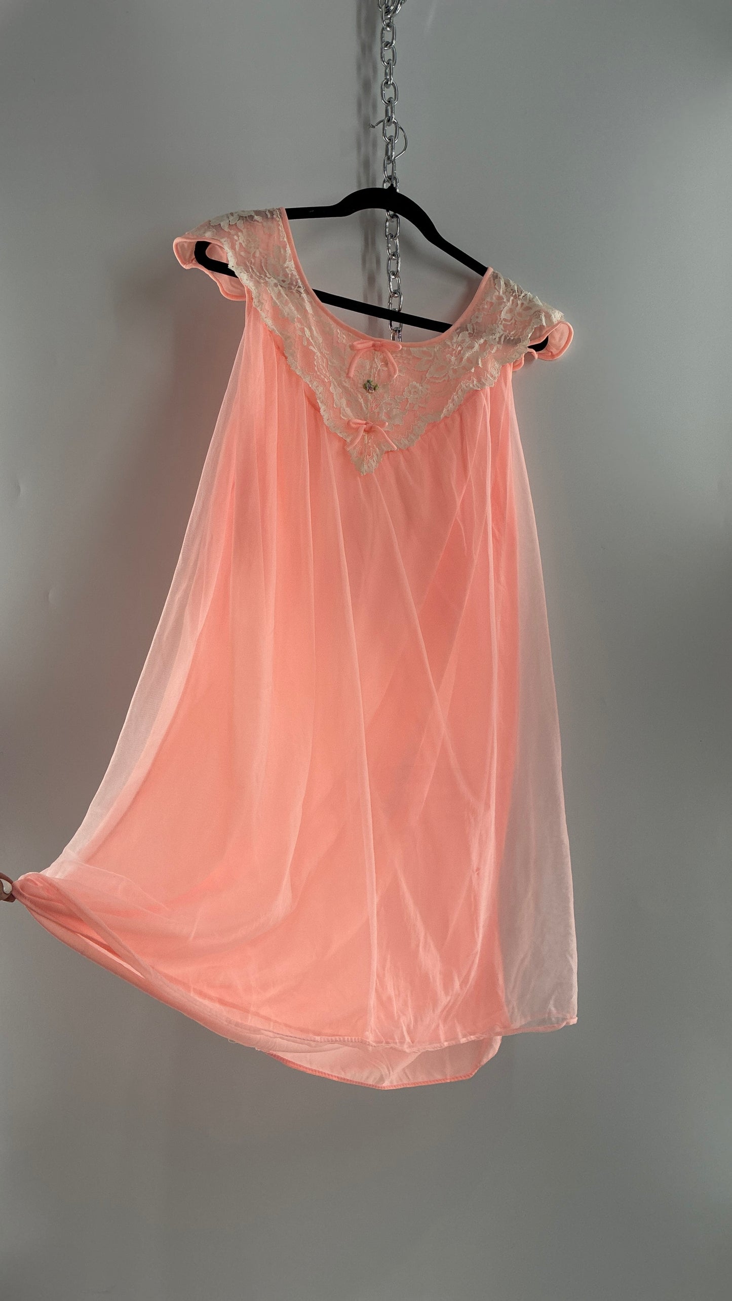 Vintage Neon Pink Babydoll Mini with Lace Sailor Style Neckline with Bows and Embroidery (48)