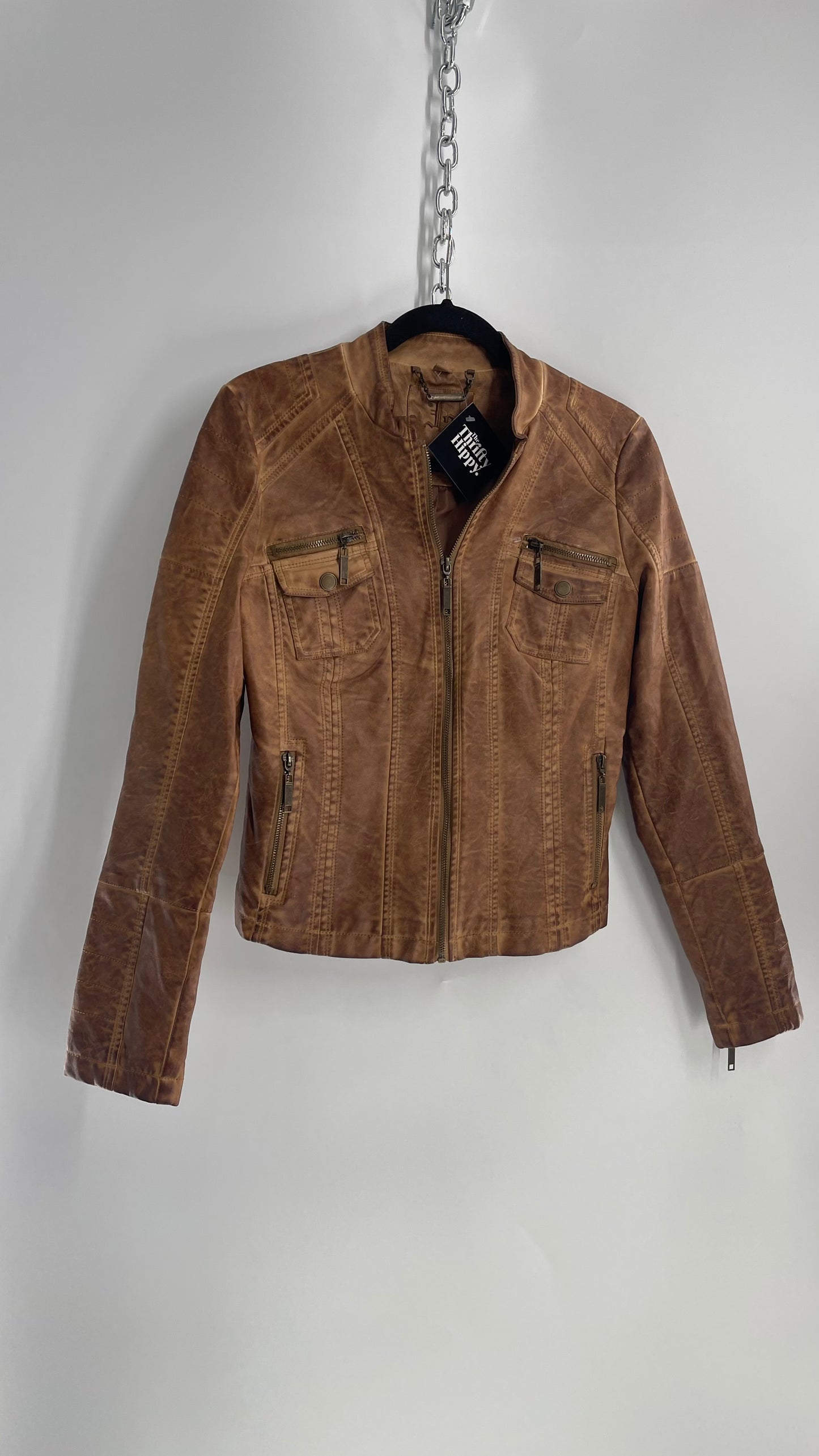 Vintage Brown Vegan Leather Distressed Motorcycle Jacket (Small)