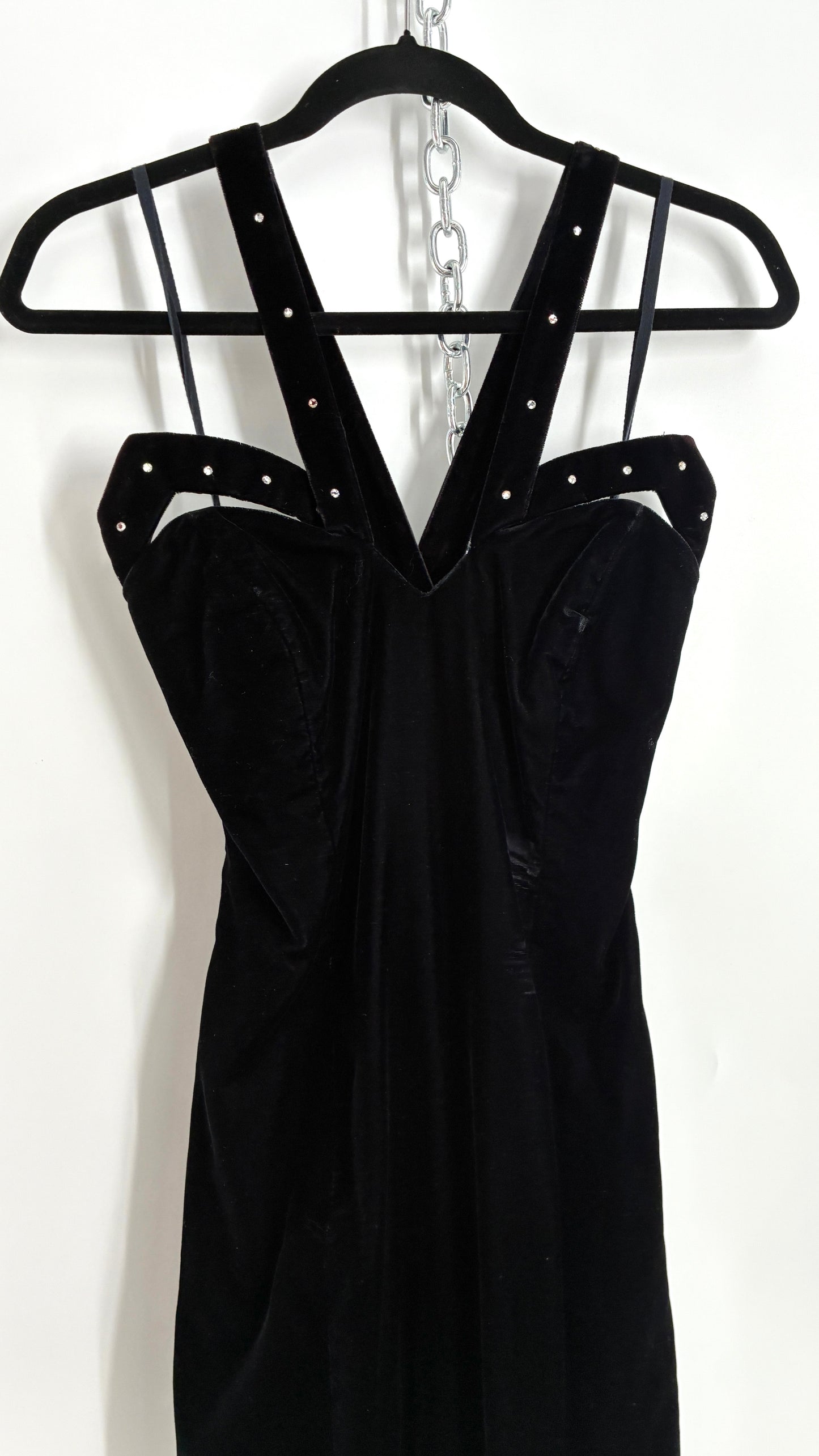 Vintage Handmade Velvet Gown with Pointed Bust Lined in Rhinestones and Dramatic Side Slit (S/M)
