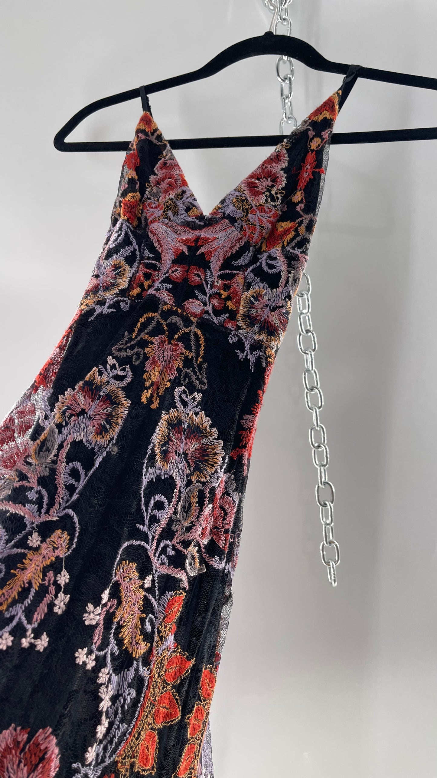Free People Black Fall Toned Floral Embroidered Tule Sleeveless Maxi Dress (2)