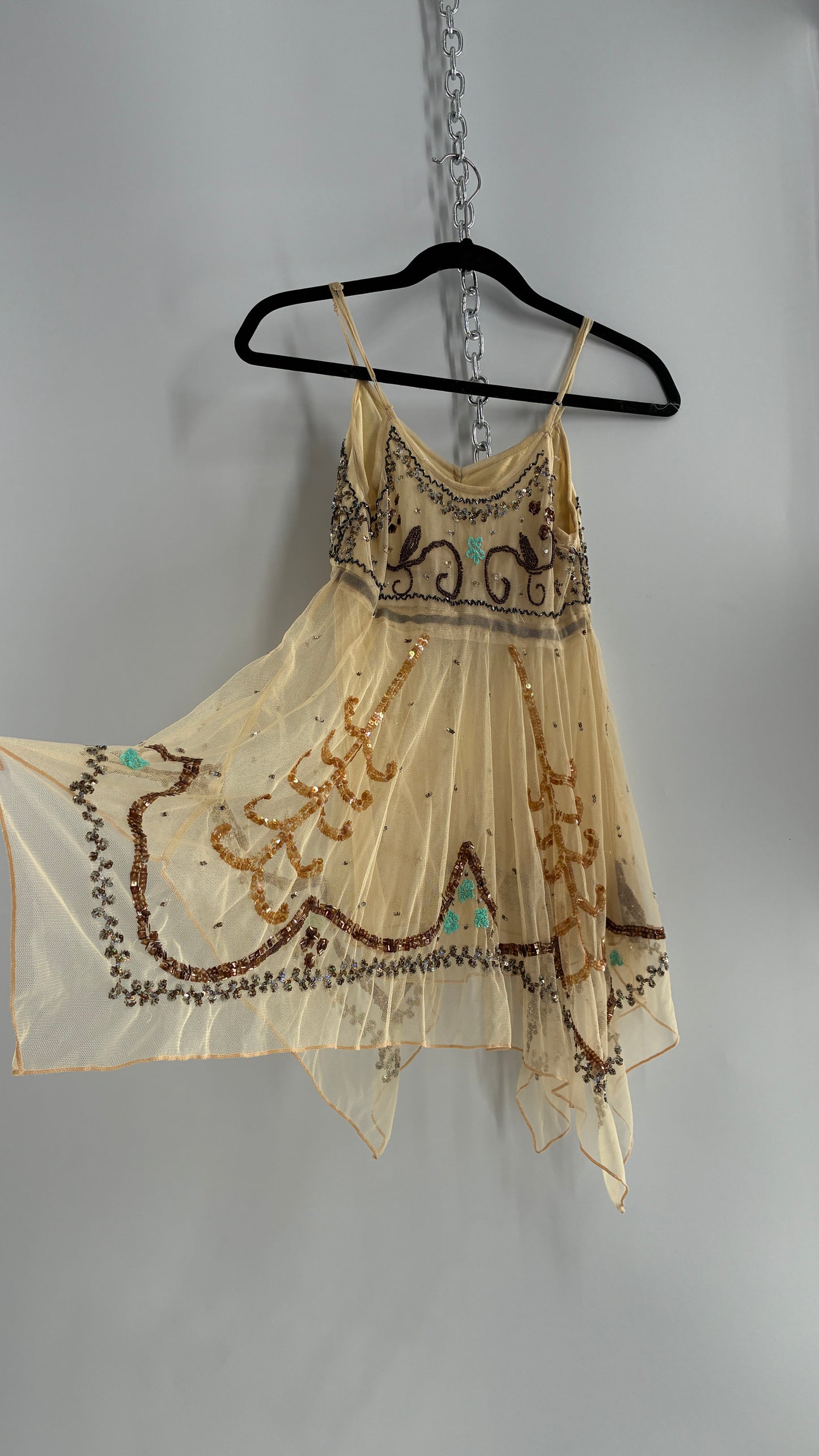 Handmade Beige Handkerchief Camisole with Hand Beaded Details (XS)
