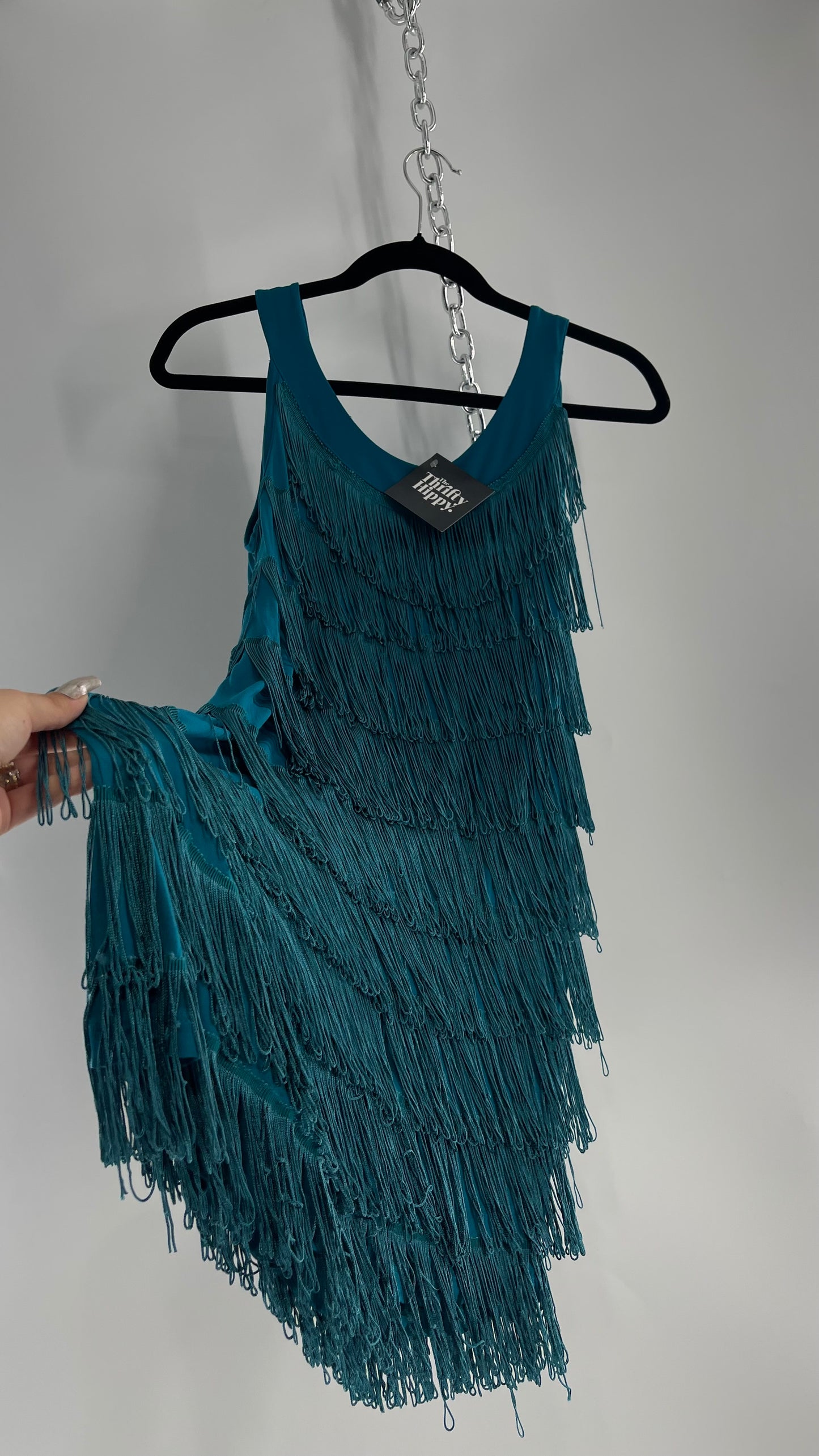 Vintage Teal Fringe Cowgirl Party Tunic Mini Dress (Small)