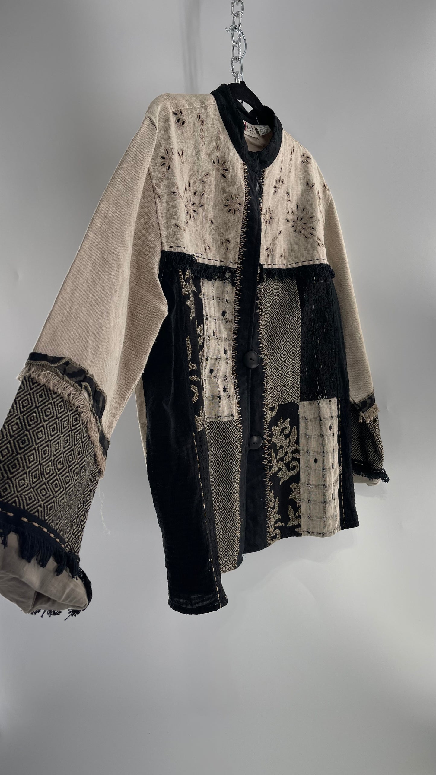 Deadstock Vintage Flashback Patchwork Coat with Mixed Neutral Fabrics, Embroidery and Fringe Details (Large)