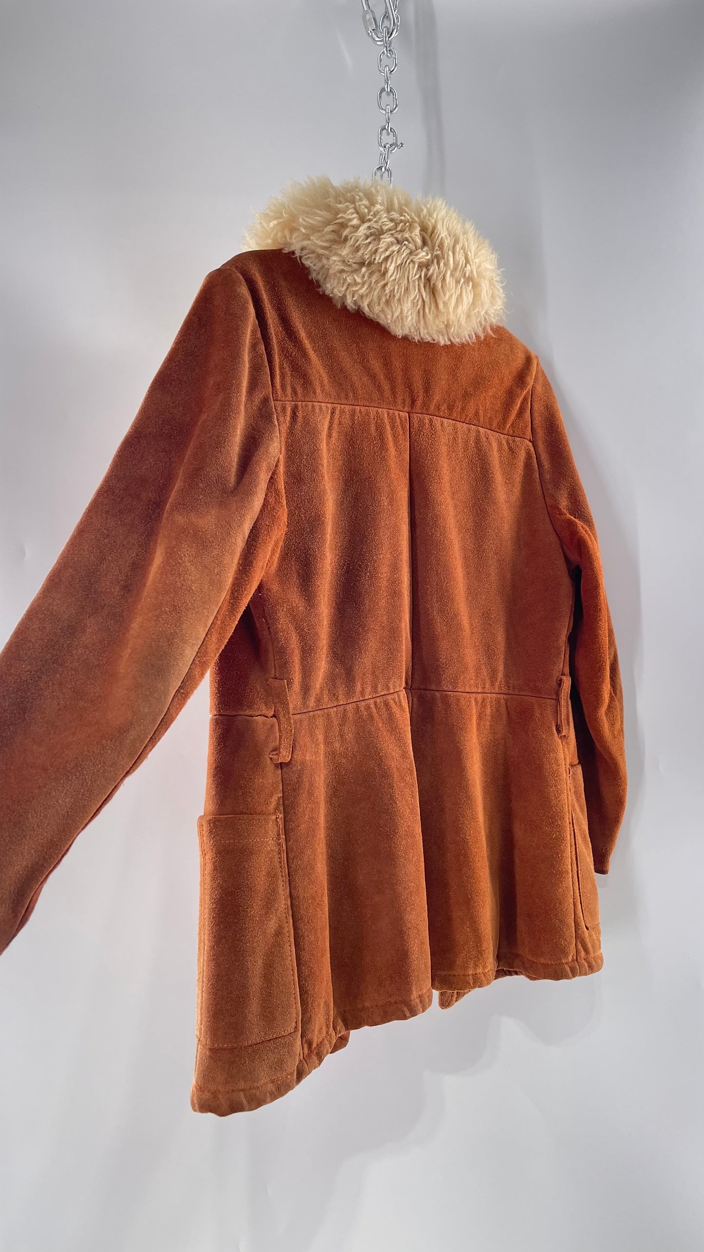 1970s Vintage Burnt Orange Suede Thick Heavy Sherpa Lined Jacket with Genuine Fur Collar (C)(Medium)