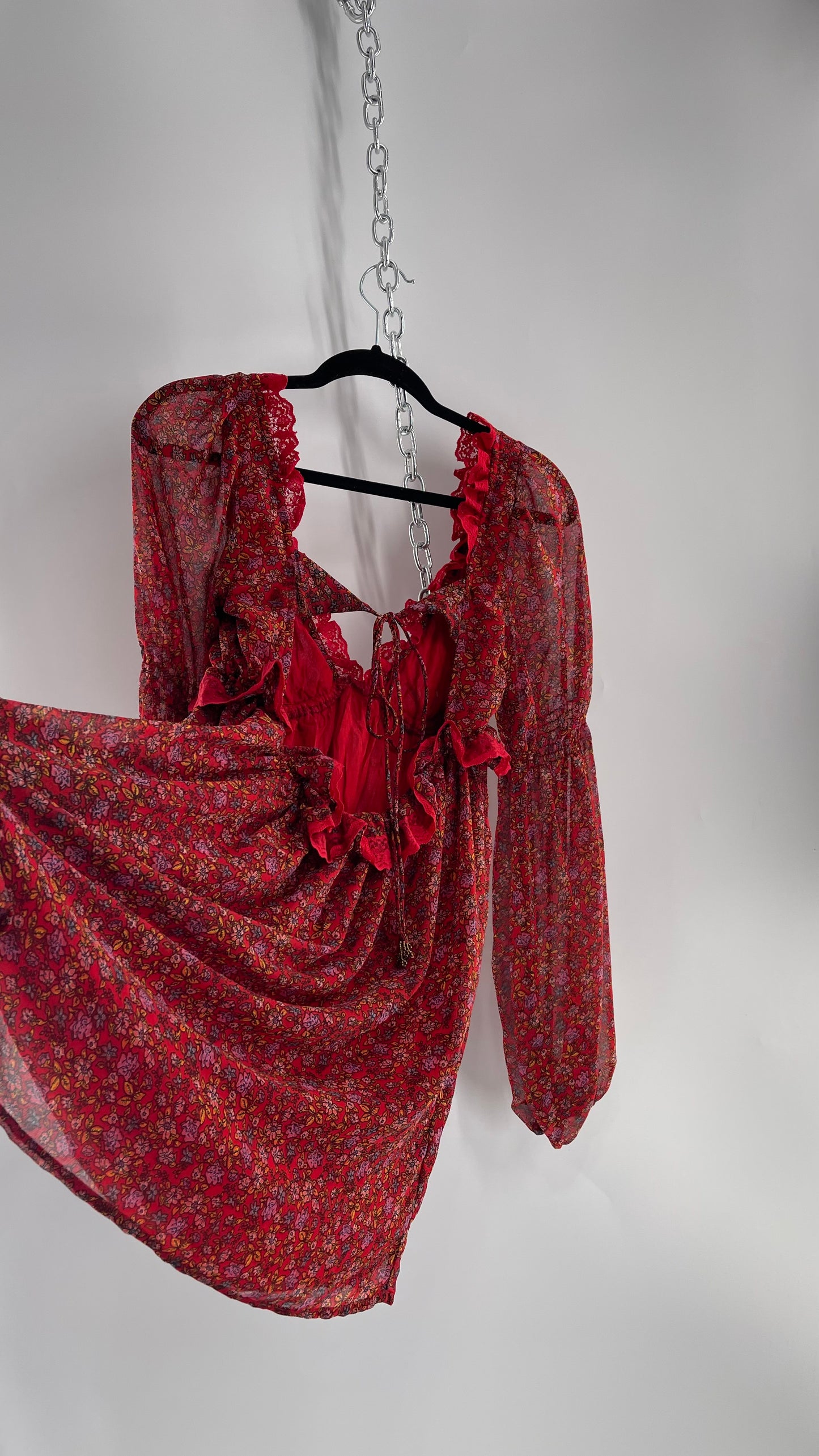 Free People Red Floral Mini Dress with Lace Trim, Open Back and Balloon Sleeves (Small)