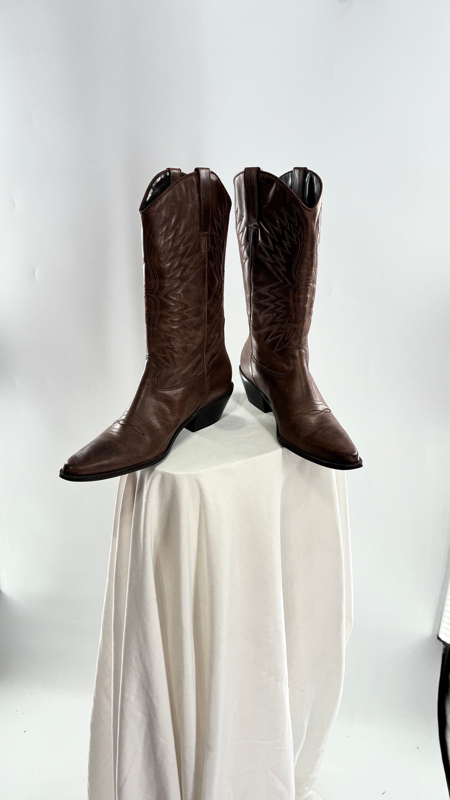 Vintage Genuine Leather Brown Cowboy Boots Made in Brazil (9.5)