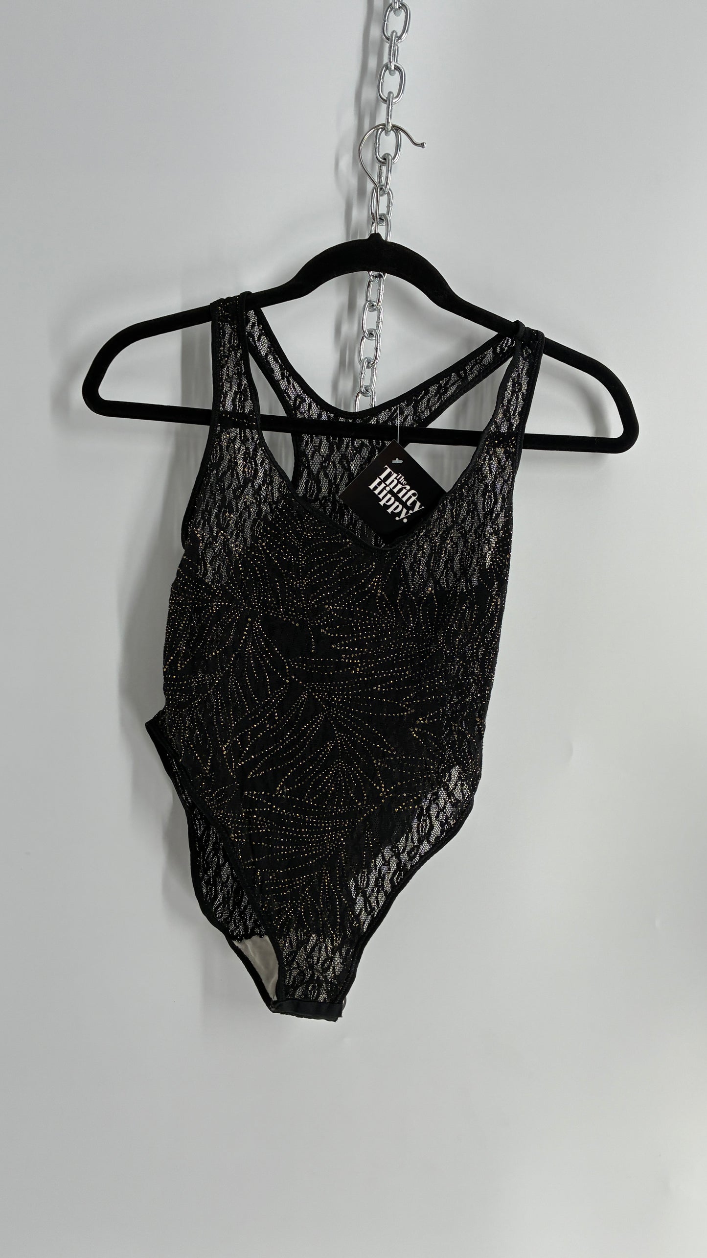 Vintage 1990s Sheer Black Bodysuit with Gold Glitter Foliage Pattern (Large)