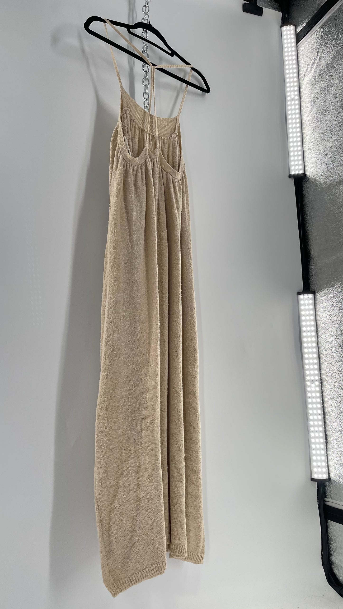 Free People Beach Beige Slinky Halter Textured Maxi Dress