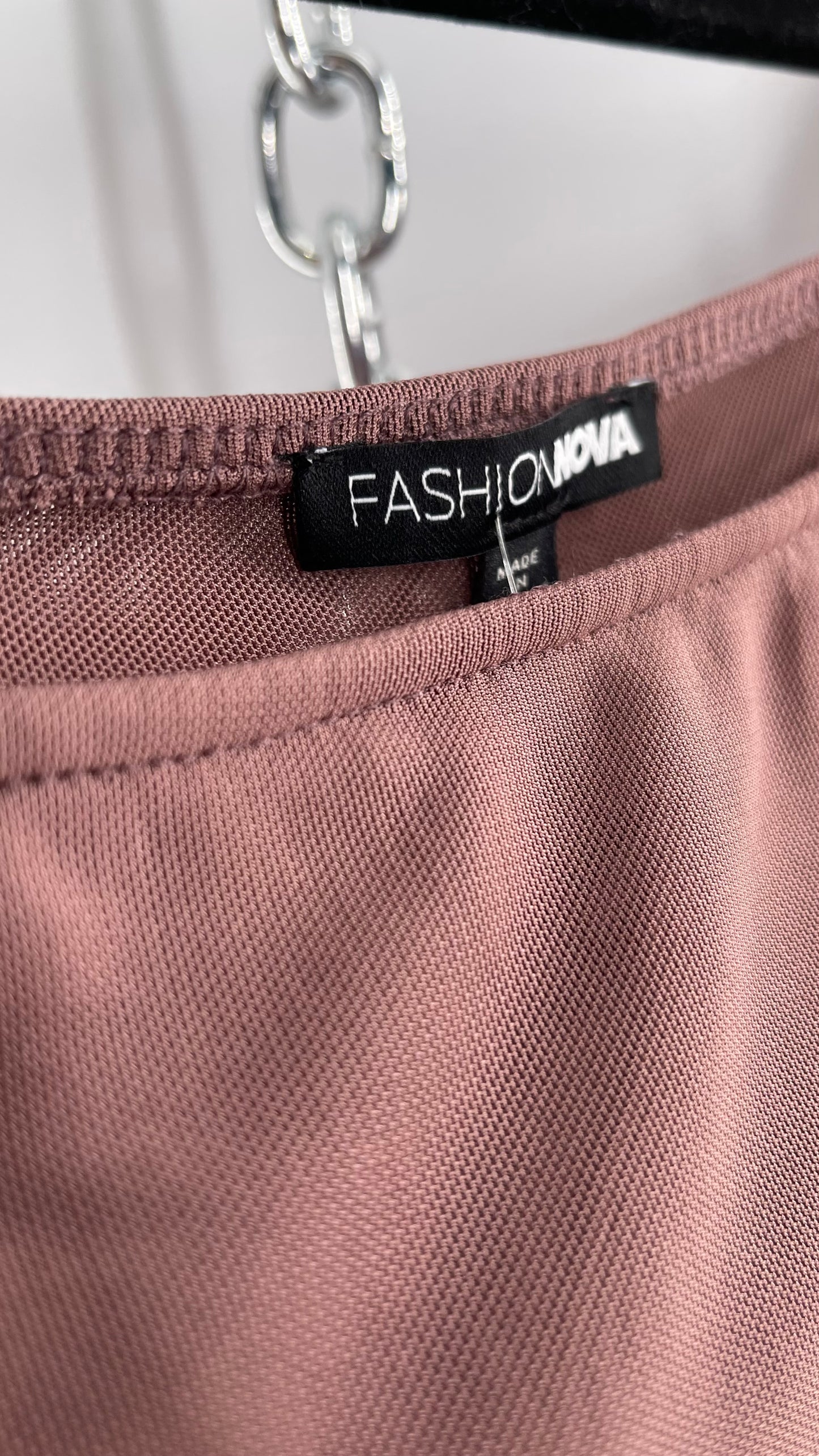 Fashion Nova Brown Mesh Pointed Hem Blouse with Bell Sleeves and Orange Contrast Stitch