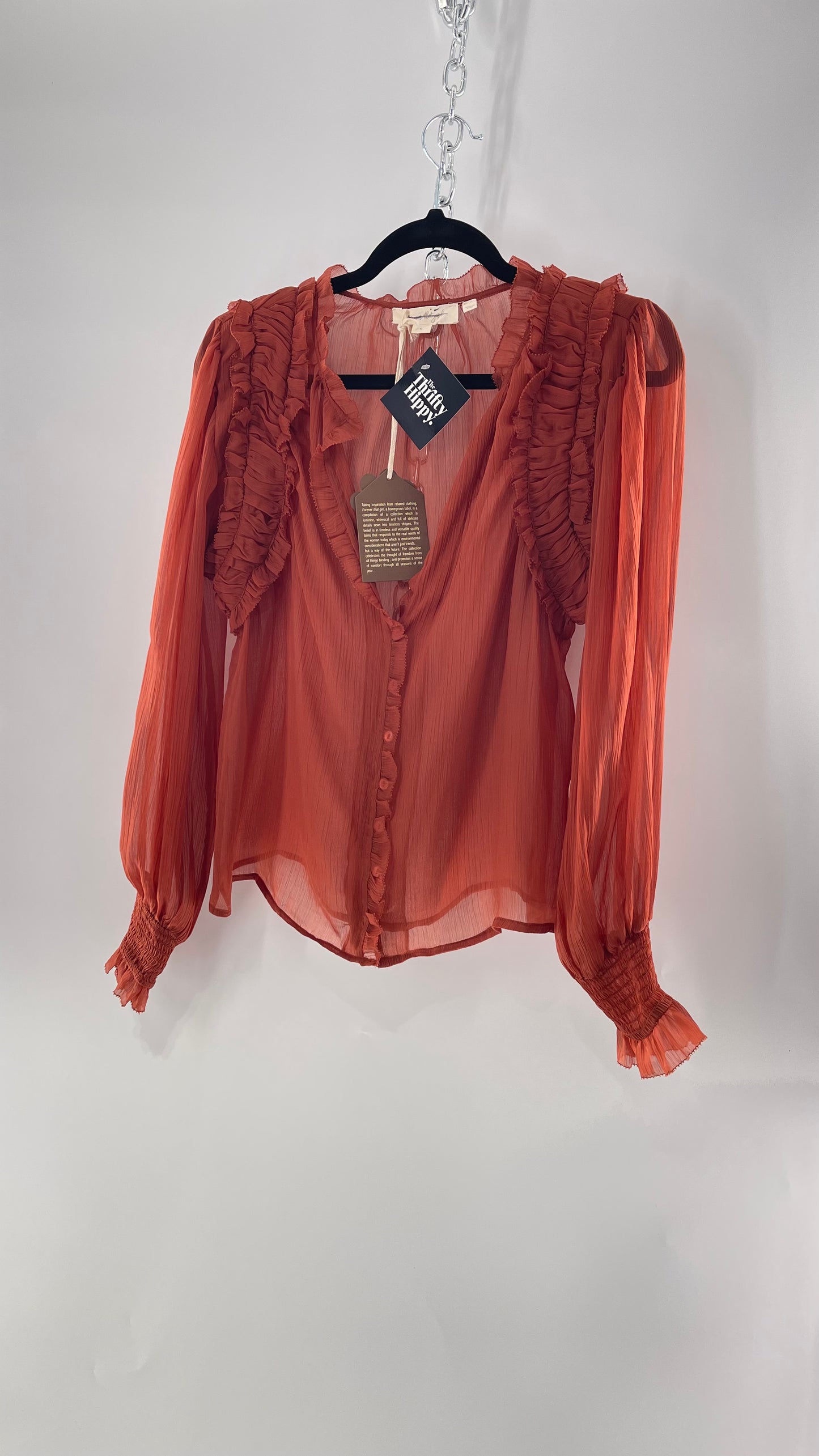Forever That Girl Burnt Orange Shear Delicate Button Front Top with Pin Tuck Shoulder Detail and Balloon Smocked Sleeve (Medium)