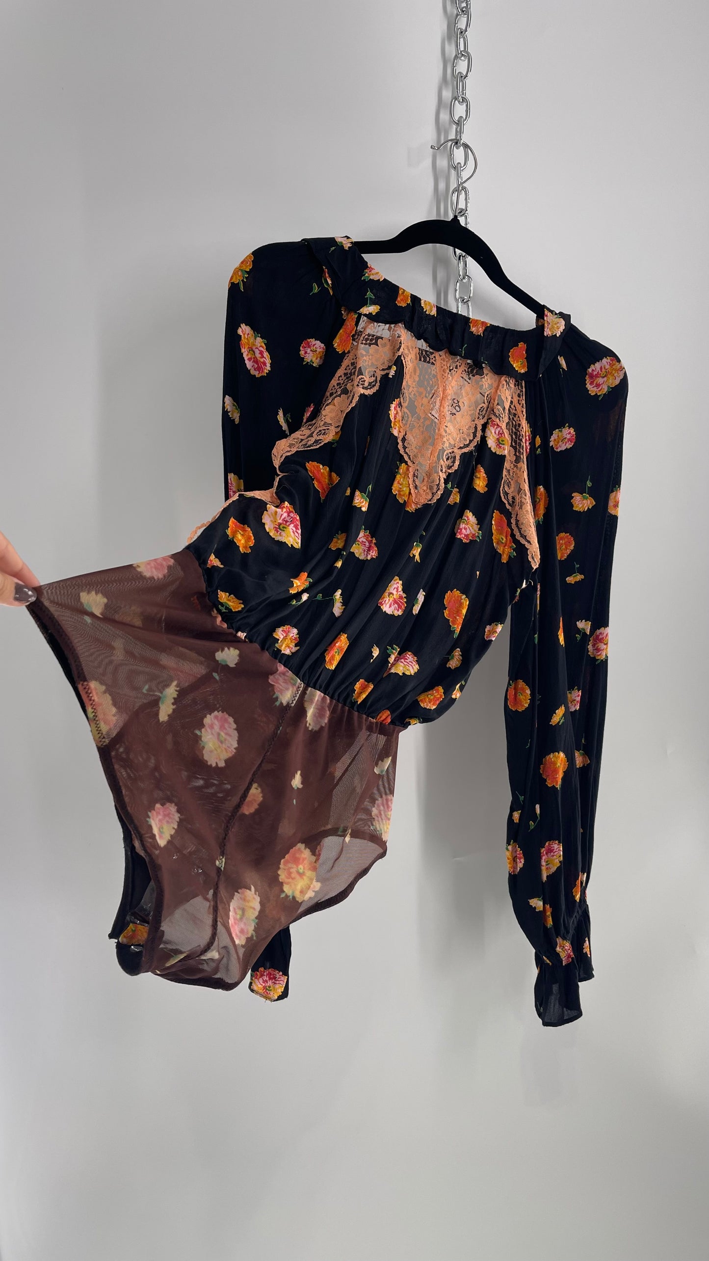 Free People Black and Peach Orange Floral Bodysuit with Balloon Sleeves (Small)