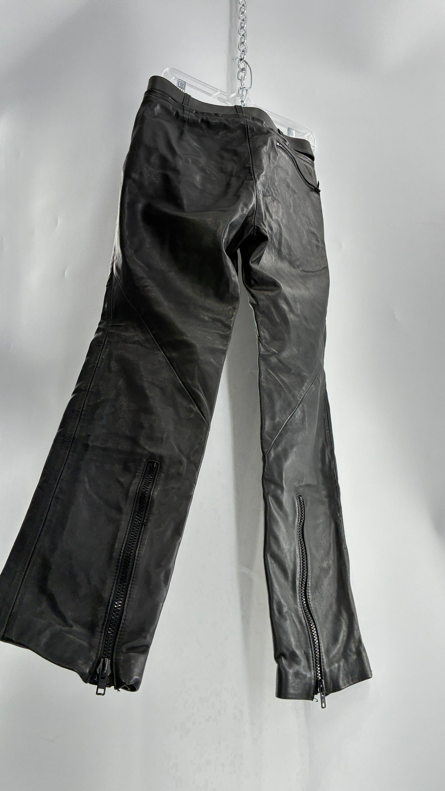 Vintage Black Italian Leather Motorcycyle Pants with Built In Belt and Zipper Detailing (XS)