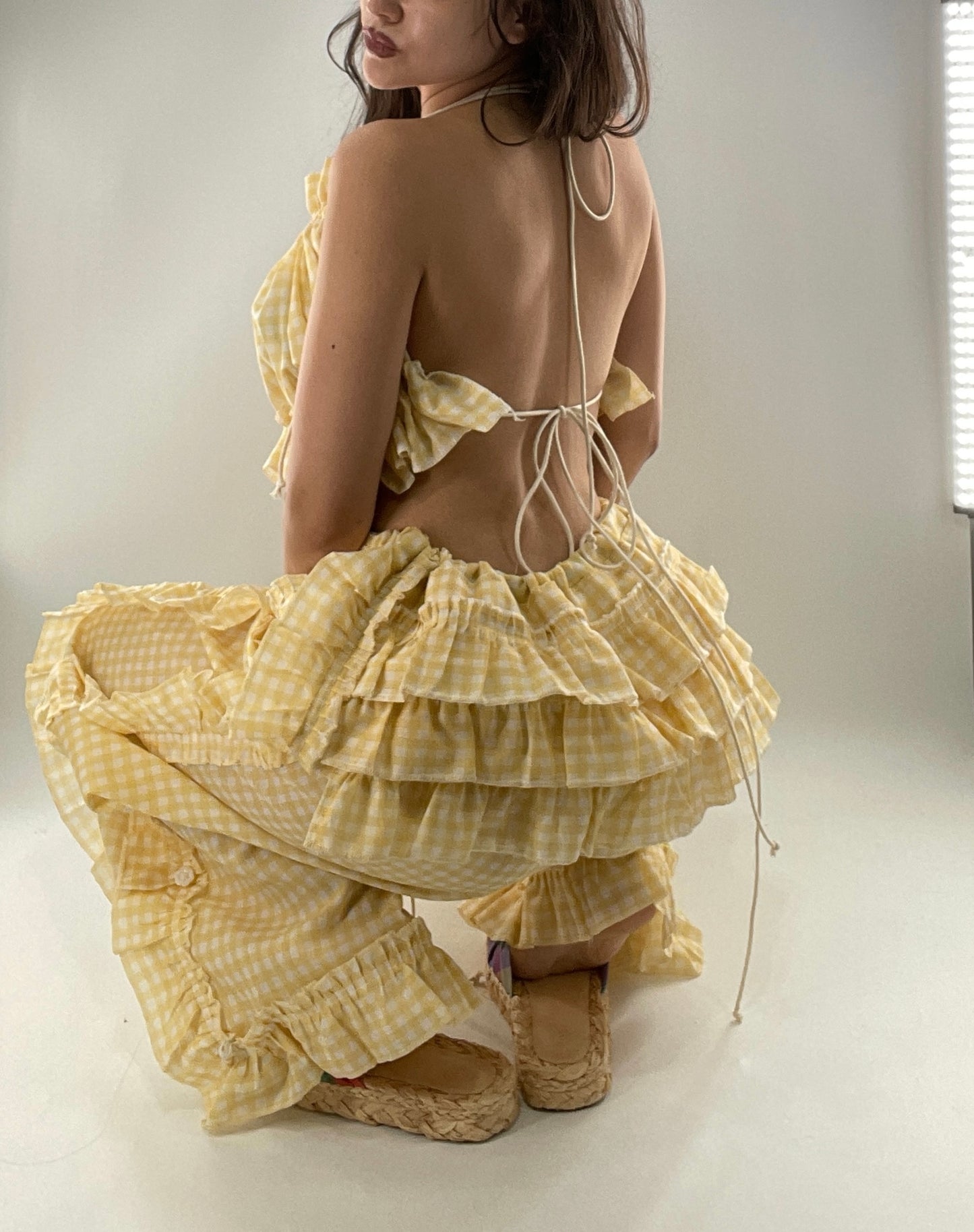 Vintage 2 Piece Yellow Checkered/Gingham Patterned Picnic Set with Ruched Bust Top and Ruffle Side Wide Legs with Adjustable Length, Strap Up Buttons on Hem (One Size)