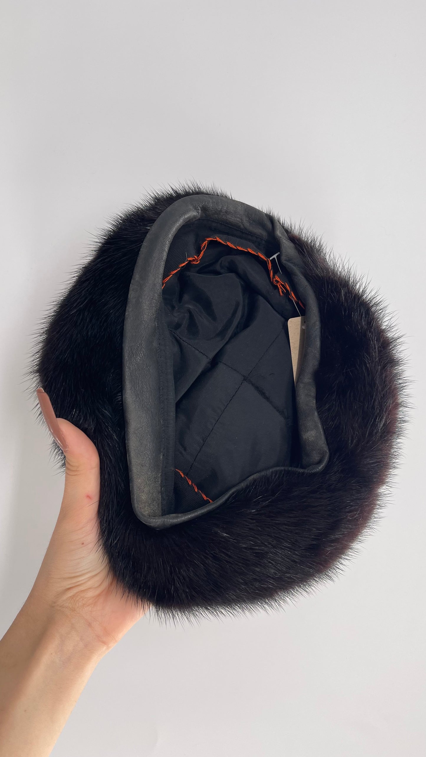 Vintage Genuine Fur Beret with Black Leather Inner Trim