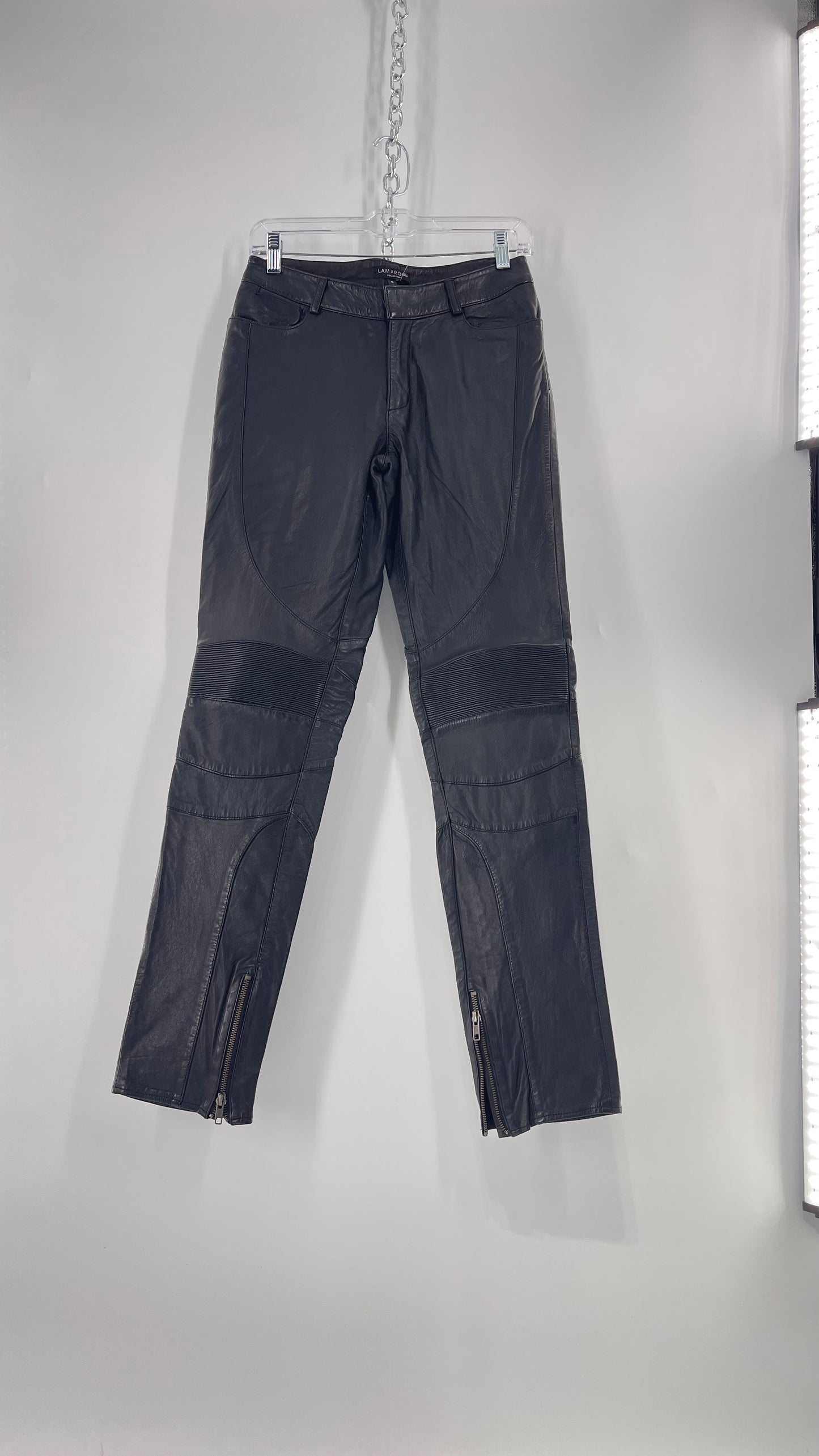 LAMARQUE 1990s Collection Vintage Black Leather Moto Style Pant with Panels, Ribbing and Zipper Details (6)
