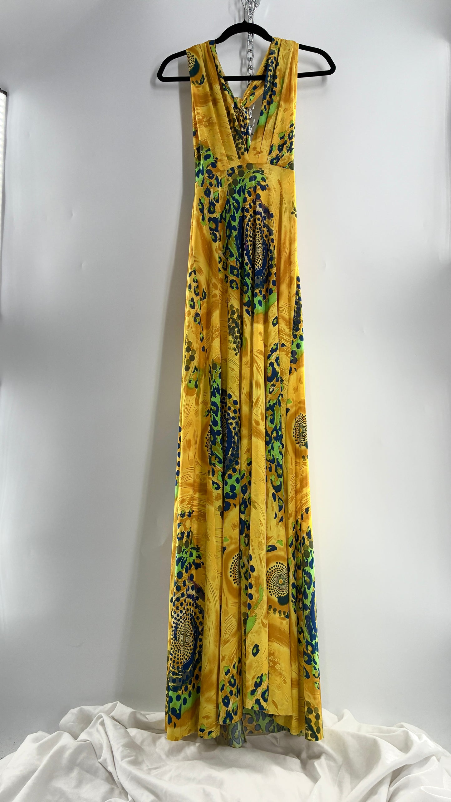 Vintage NARCISA LANG Lycra Full Length, Backless Yellow Dress with Graphic Pattern (XS/S)