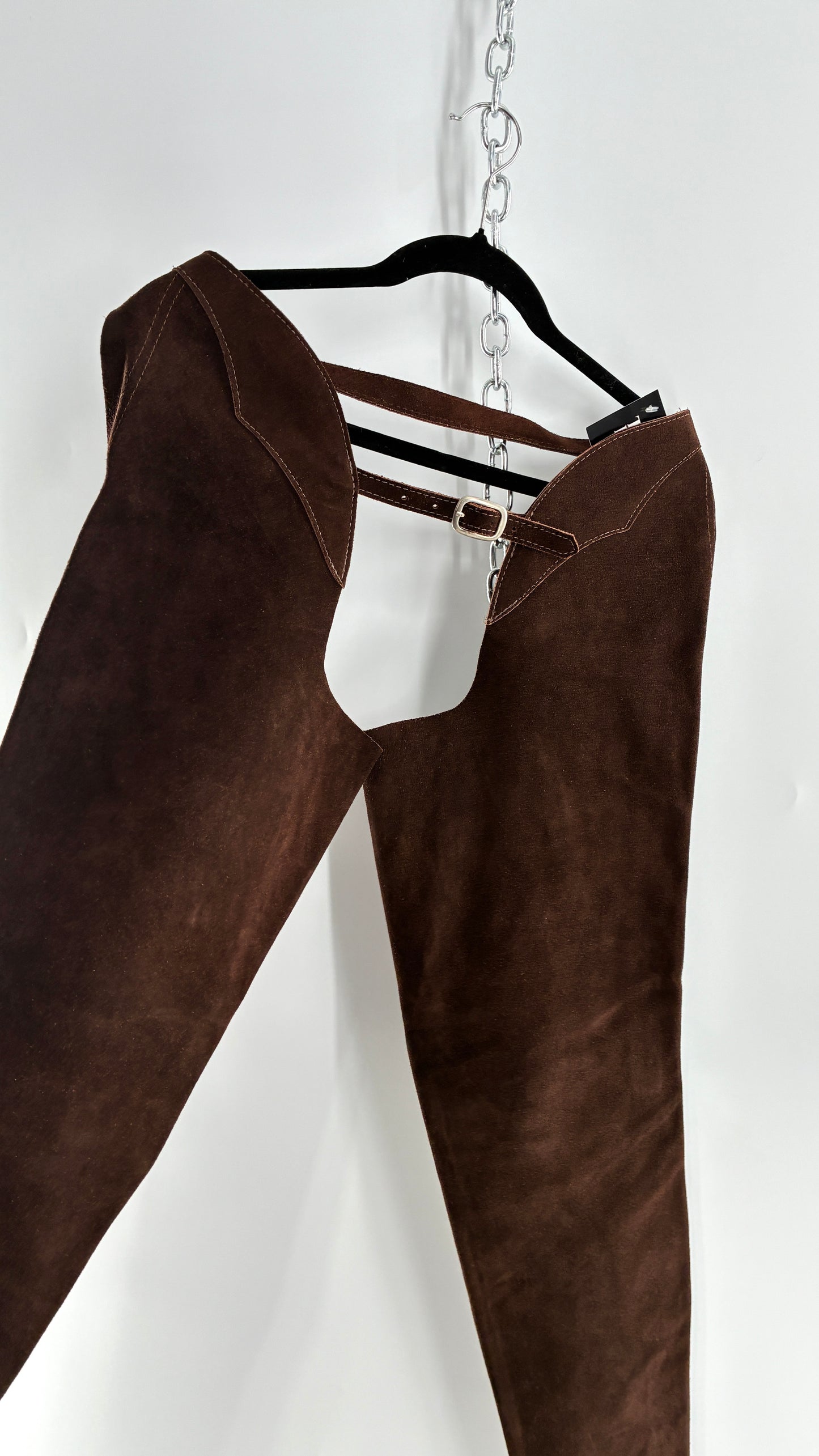 Vintage Chocolate Brown Genuine Suede Leather Chaps with Heavy Duty Side Zipper Detail (XS)