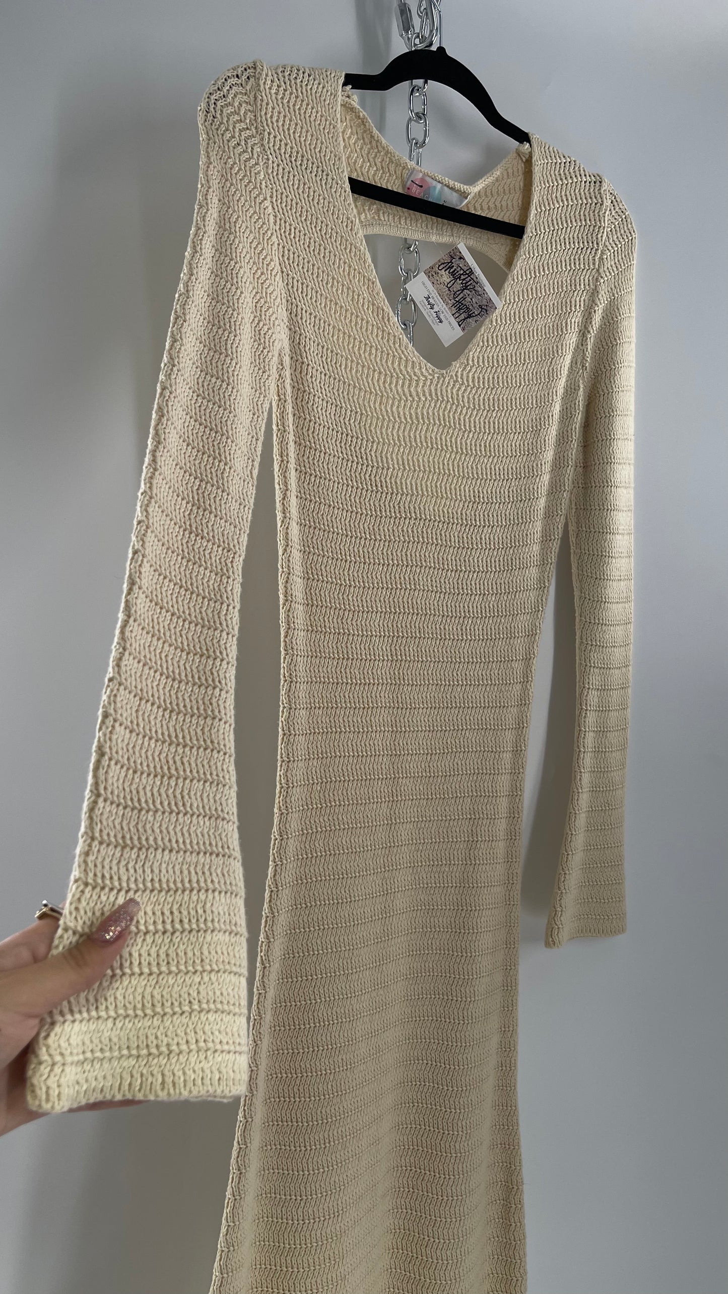 Free People Cozy Cream Knit Open Back Maxi Dress with Slight Bell Sleeve (Large)