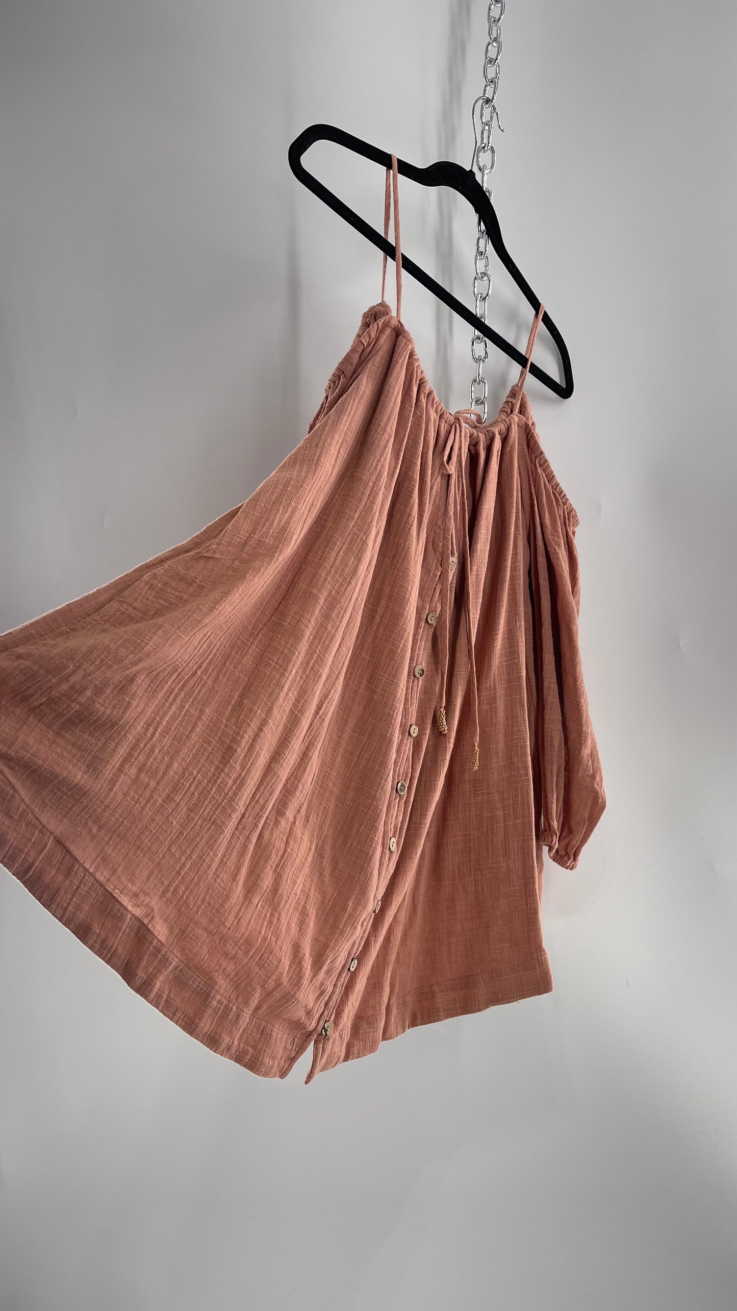 Free People Peachy Pink Coral Off the Shoulder 100% Cotton Voluminous Button Front Blouse (Small)