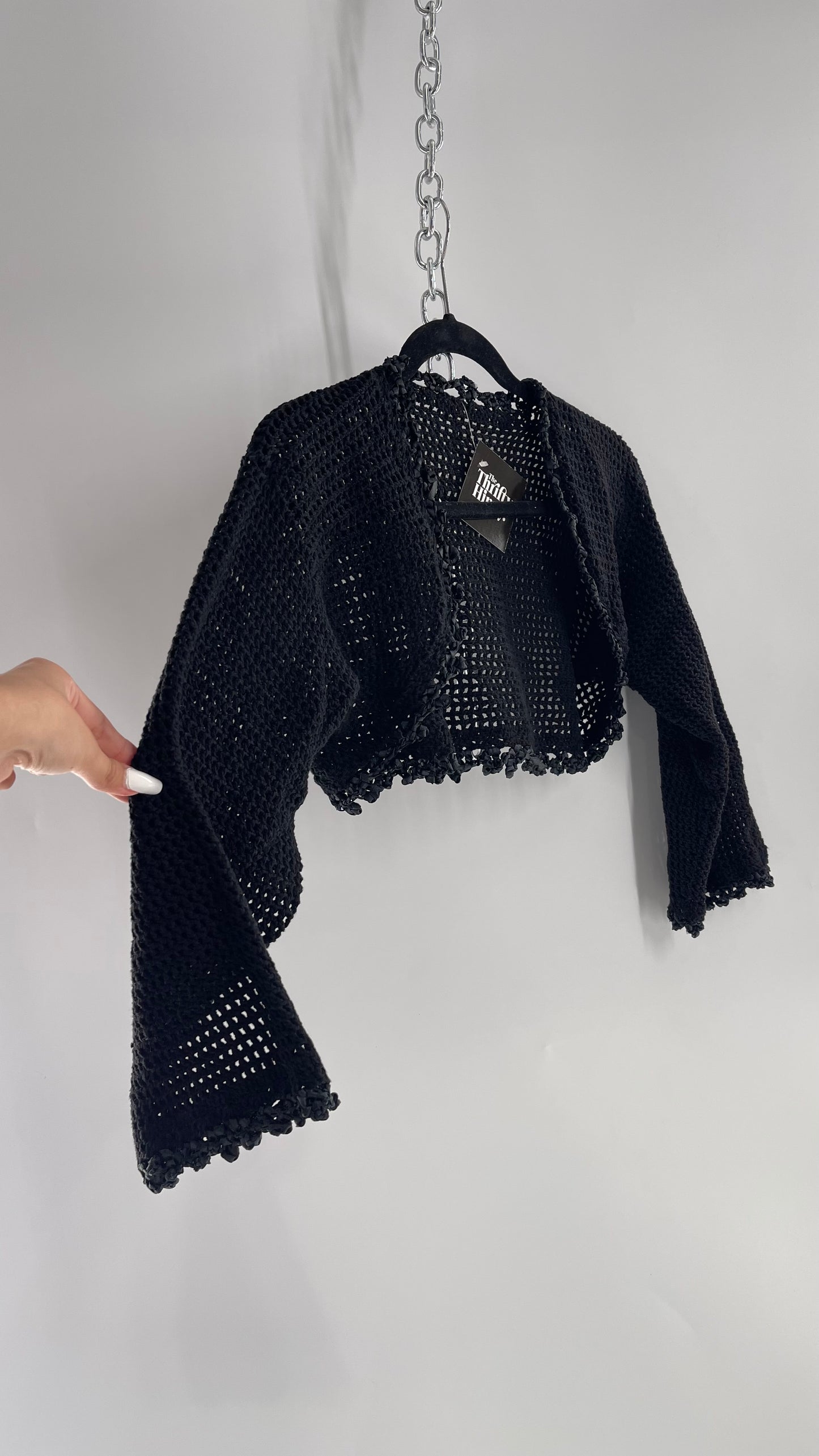 Vintage Black Hand Knit Crochet Shrug with Ribbon Detailing (Medium)