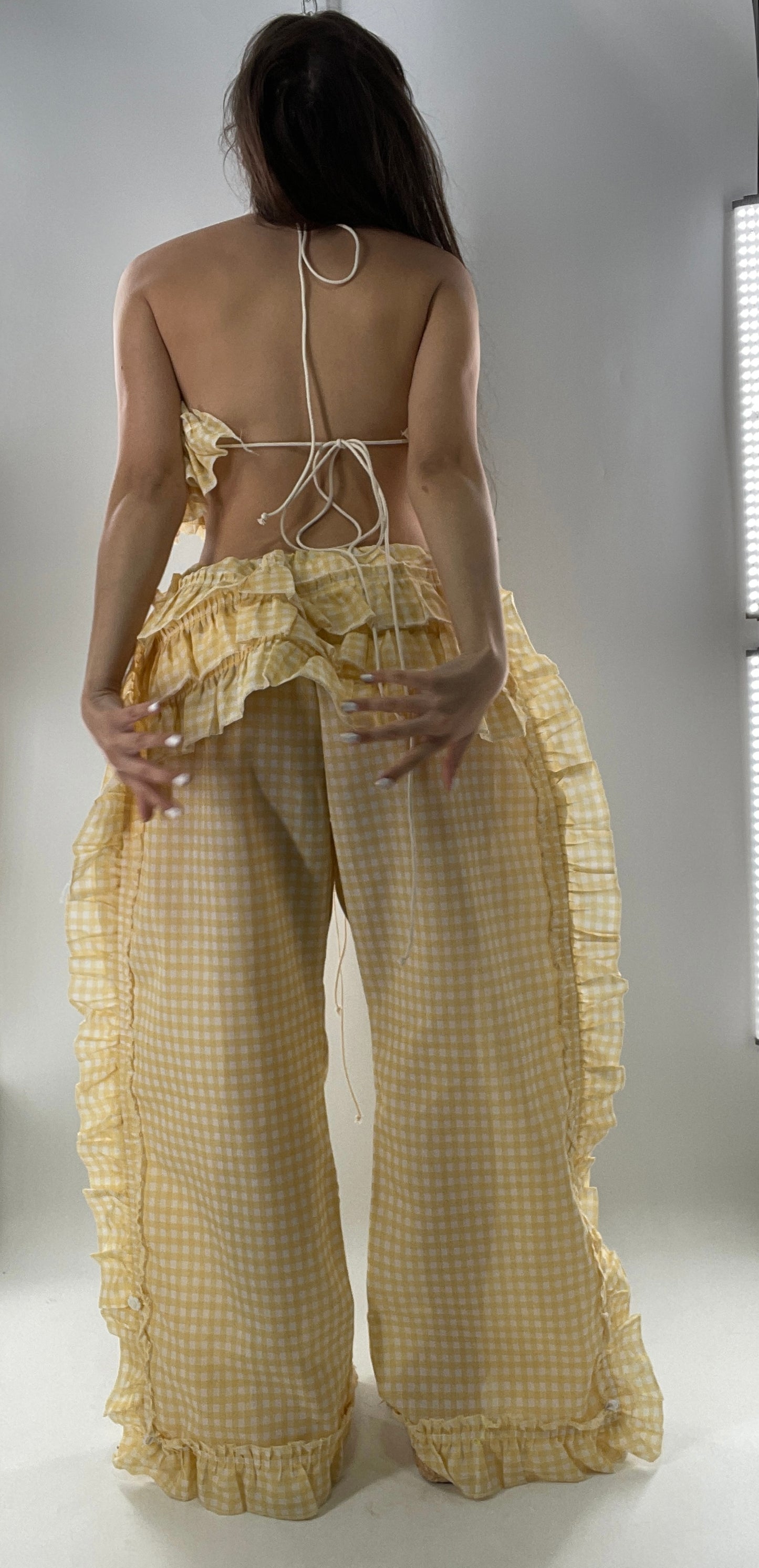 Vintage 2 Piece Yellow Checkered/Gingham Patterned Picnic Set with Ruched Bust Top and Ruffle Side Wide Legs with Adjustable Length, Strap Up Buttons on Hem (One Size)