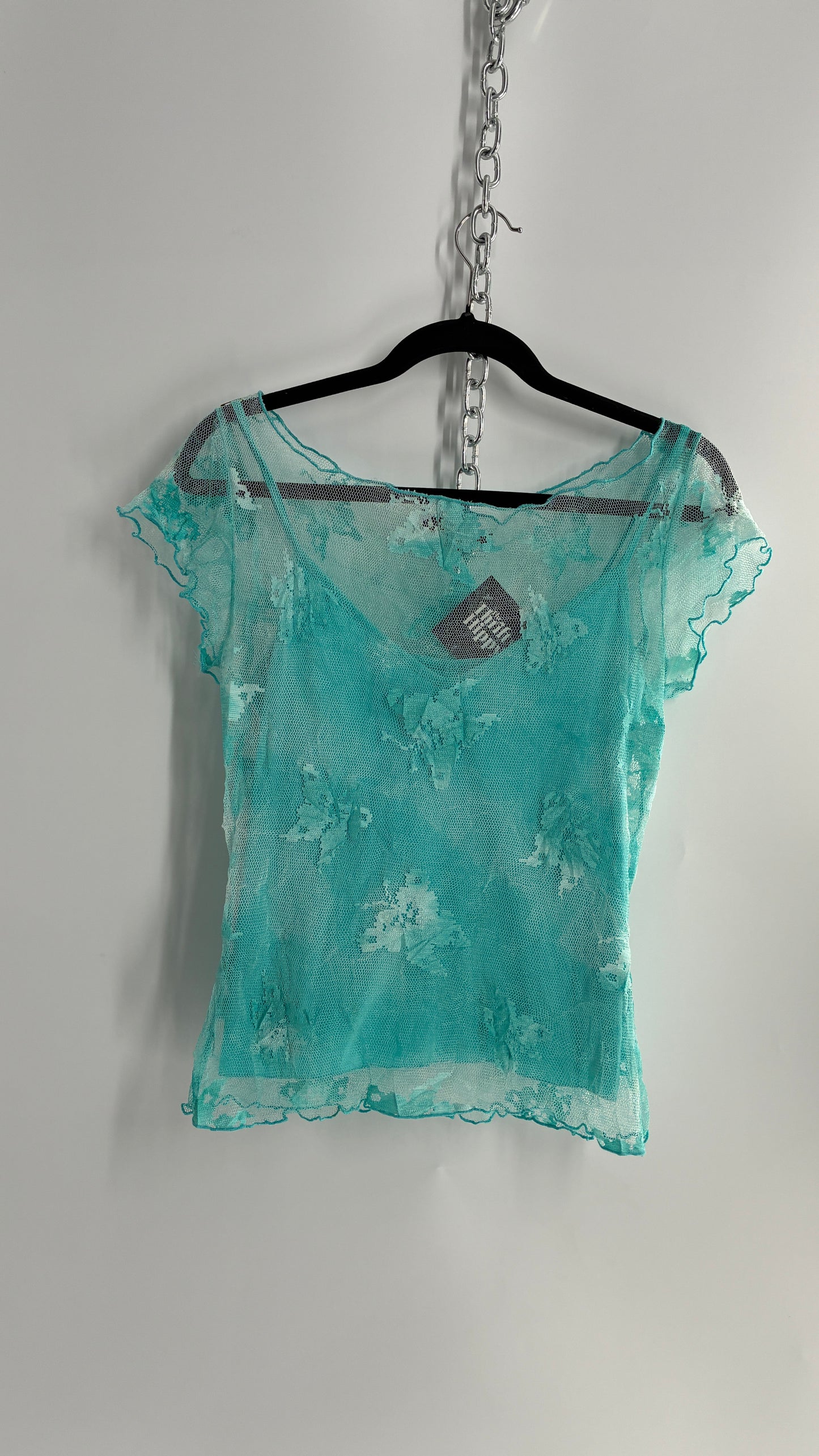 1990s VINTAGE Butterfly Baby Blue Mesh Blouse (Large)