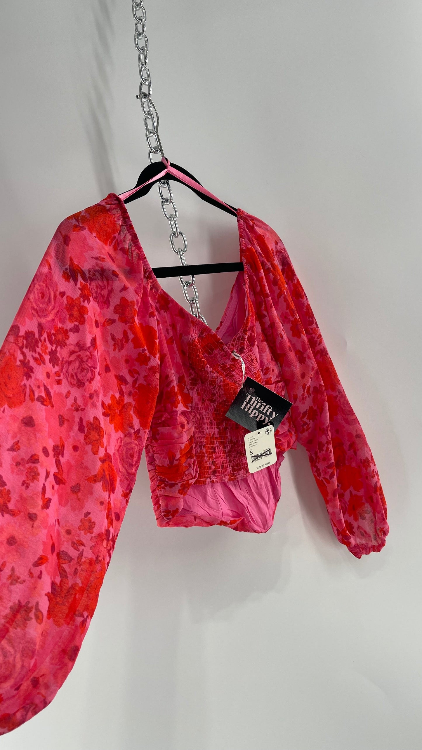 Free People Cropped Floral Blouse with Ruched Body, Balloon Sleeves and Appliqué Rosette Bustline with Tags Attached (XS)
