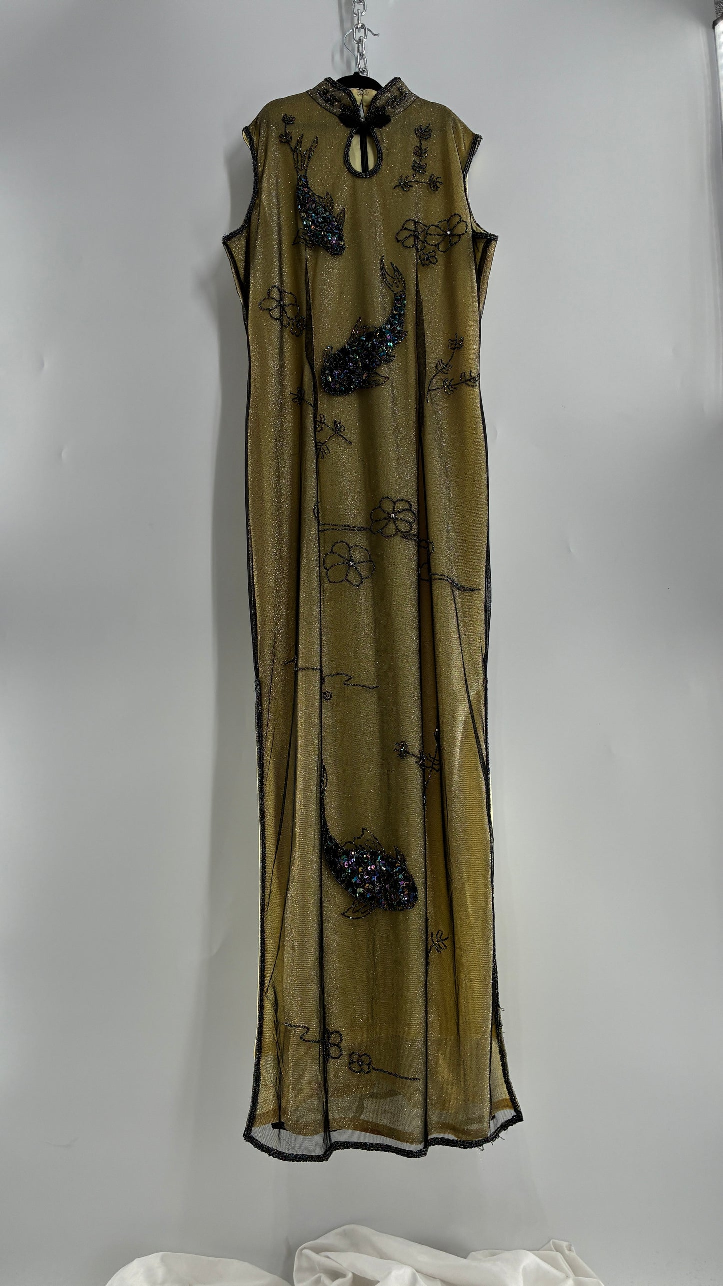 Vintage 1990s One of a Kind Handmade, Green Gown with Beaded Koi Fish, Metallic Tulle Overlay, and Symmetric Back (Medium)