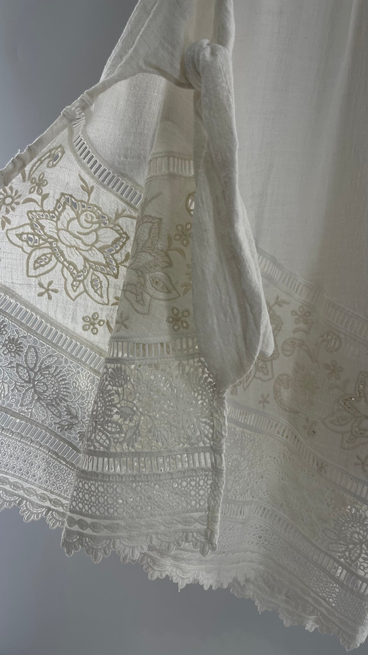 Spell & the Gypsy Full Length Cotton Gauze White Skirt with Tie Sides and Heavily Embroidered Hem (XS)