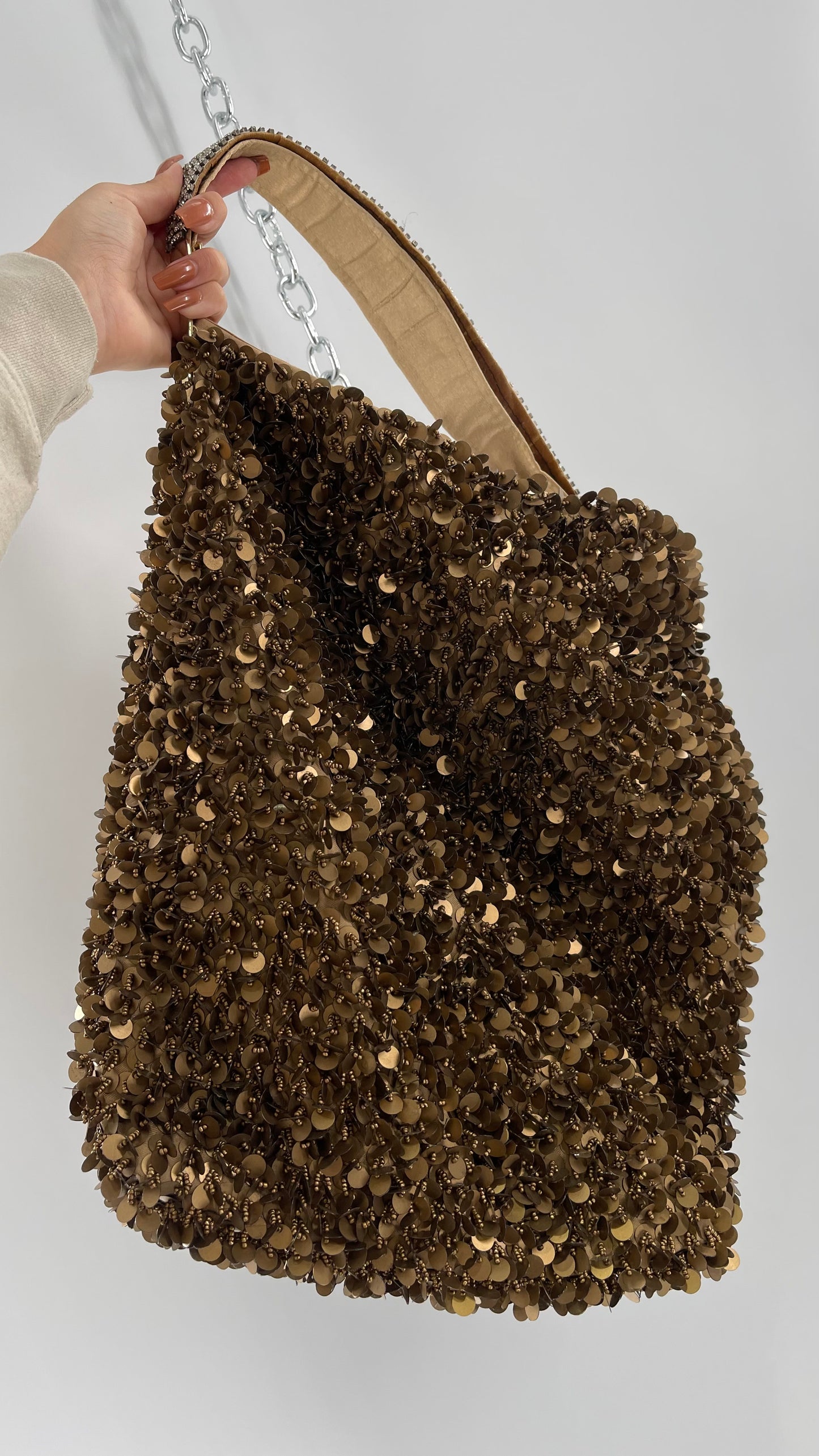 Deadstock The Find Marvelous Bronze Beaded Sequin Tote Bag with Gemstone Strap