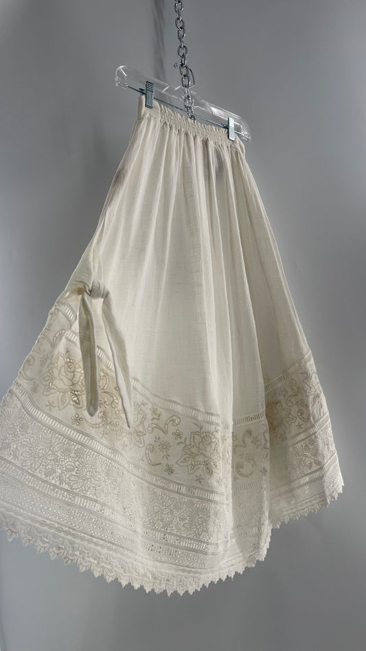 Spell & the Gypsy Full Length Cotton Gauze White Skirt with Tie Sides and Heavily Embroidered Hem (XS)