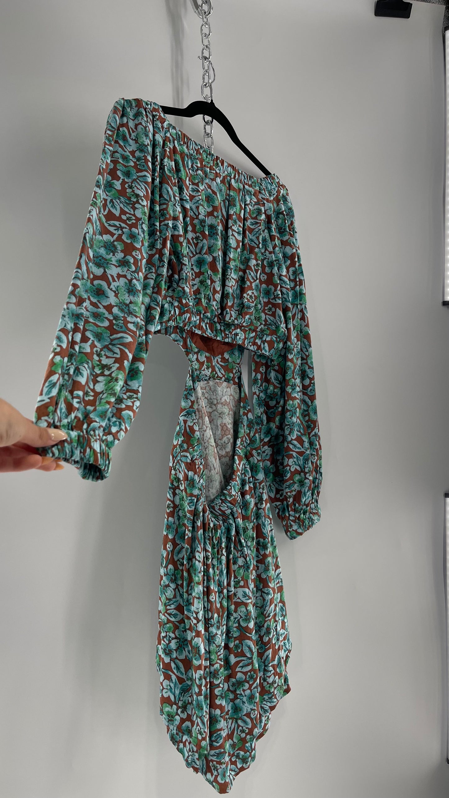 Free People Brown Cut Out Milkmaid Mini with Blue Florals (Medium)