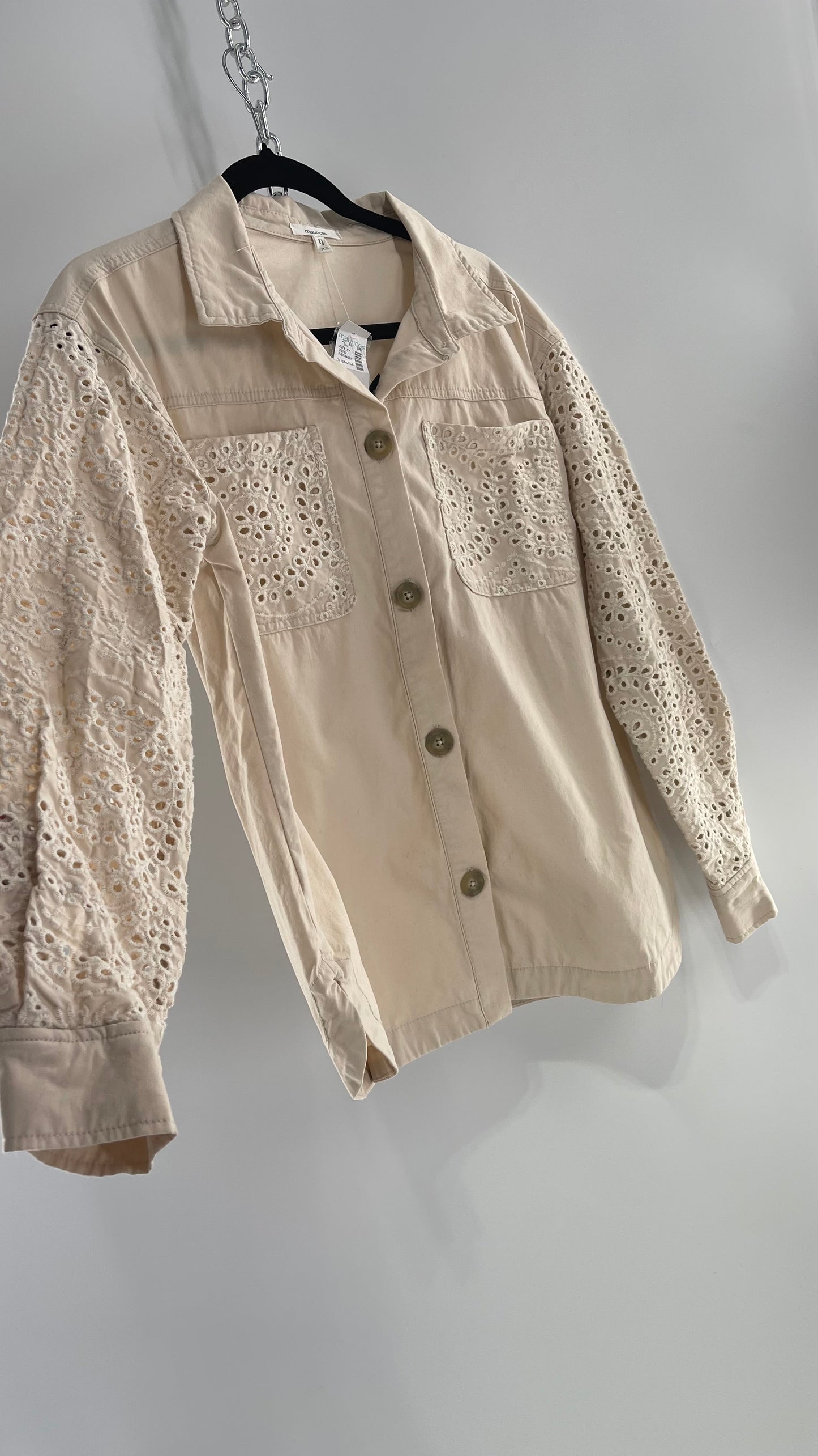 Maurices Anthropologie Beige Cotton Button Up with Eyelet Lace Sleeves and Pockets with Tags Attached (XS)