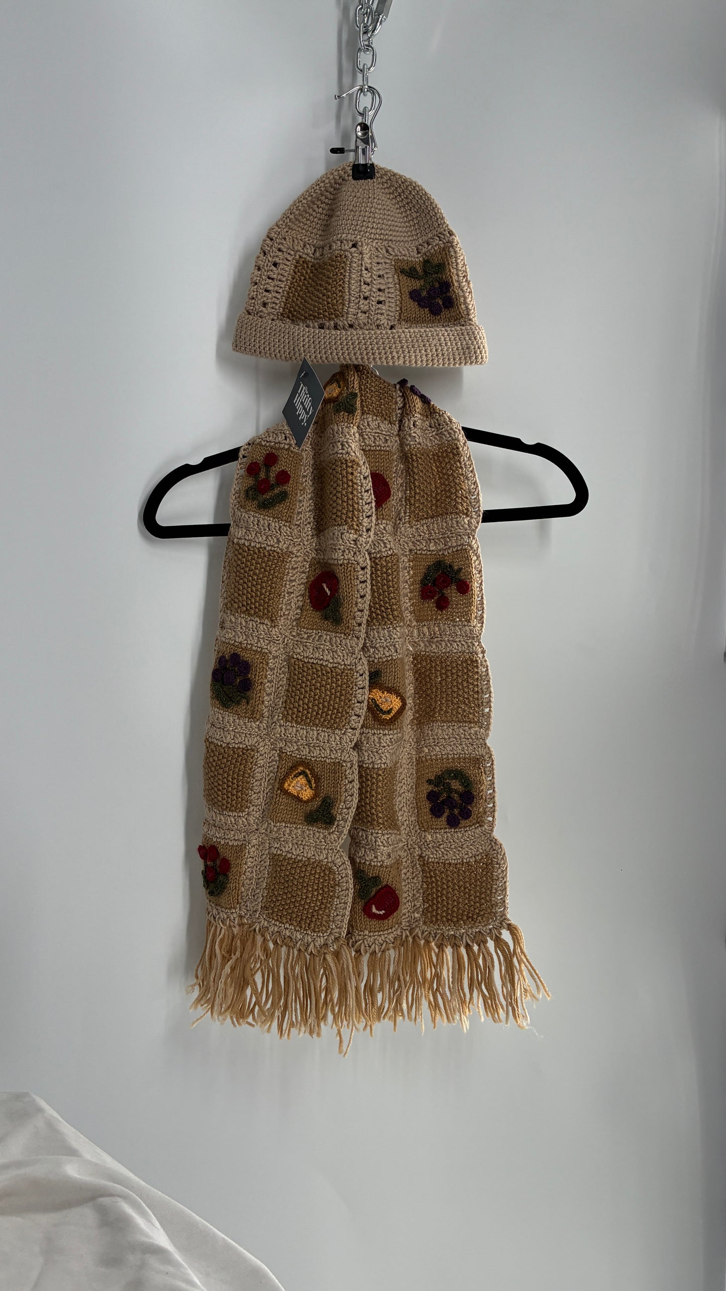 Vintage Crochet Knit Fruits of the Loom Hat and Scarf Set