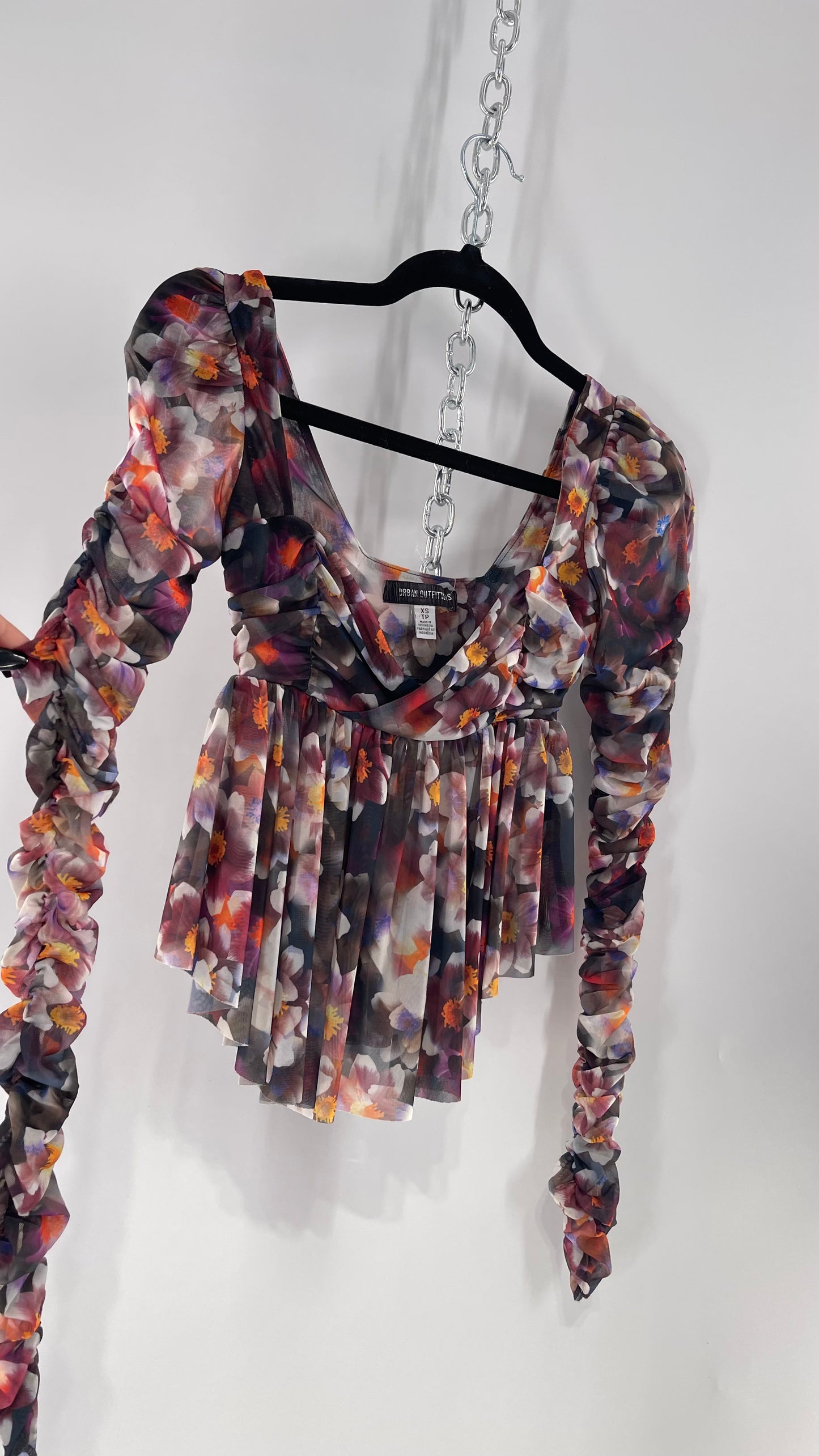 Urban Outfitters Psychedelic Floral Mesh Cropped Blouse with Ruched Sleeves and Pleated Hem (XS)