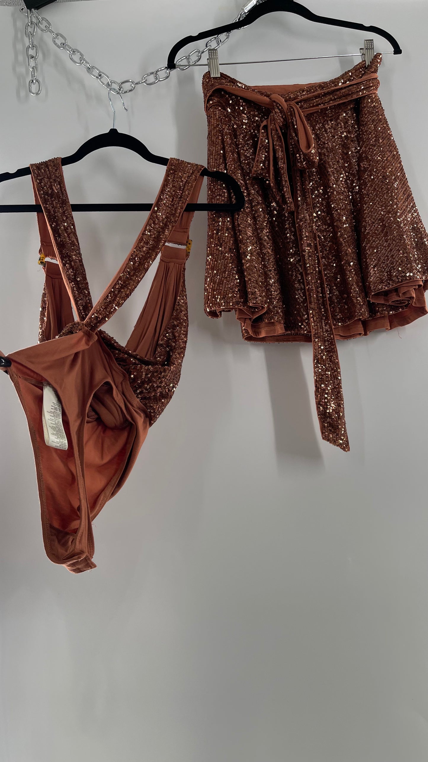 Free People Bronze Sequin 2Piece Set with Wrap Around Skirt and Bodysuit (XS body, S Skirt)