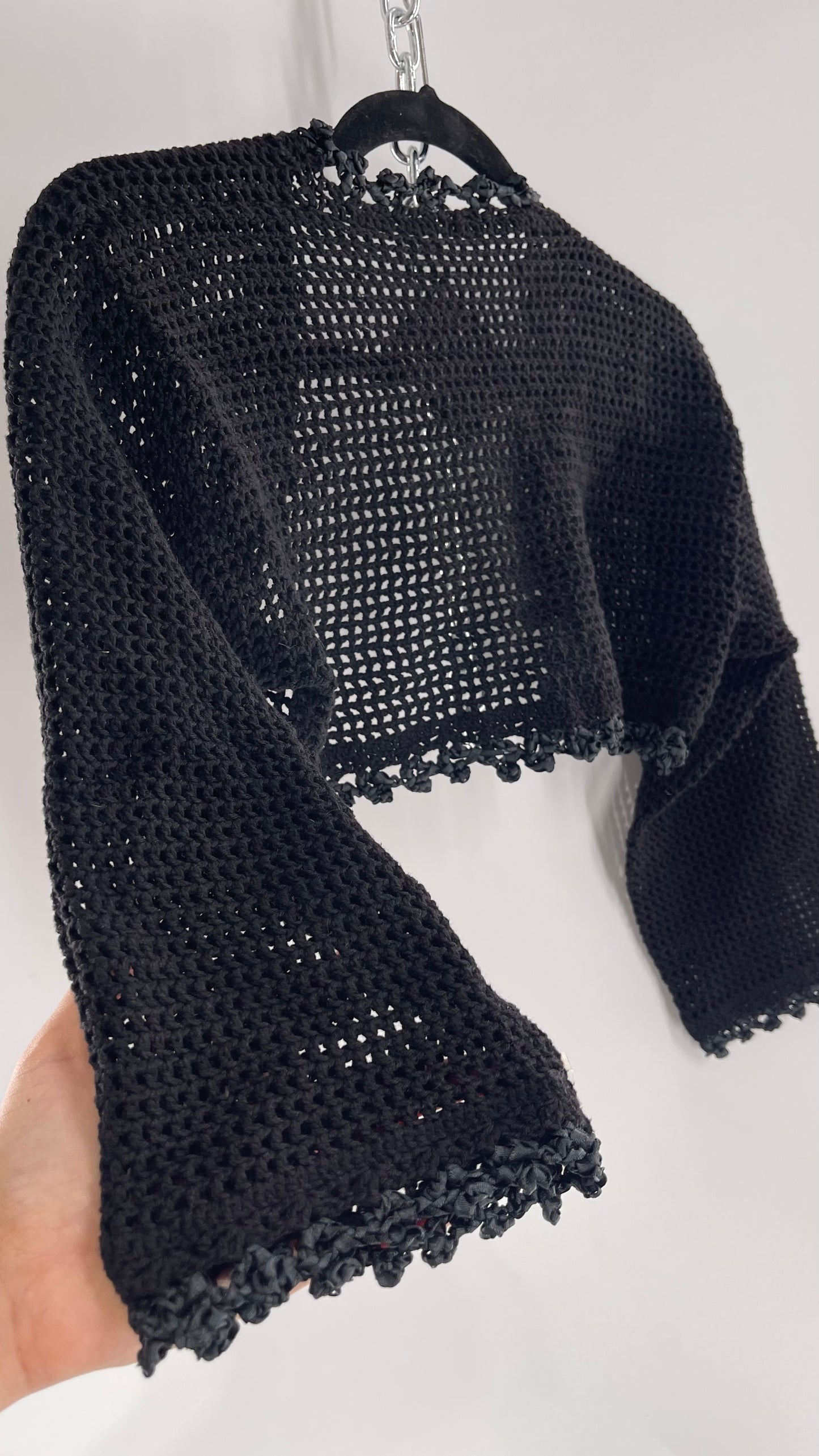 Vintage Black Hand Knit Crochet Shrug with Ribbon Detailing (Medium)