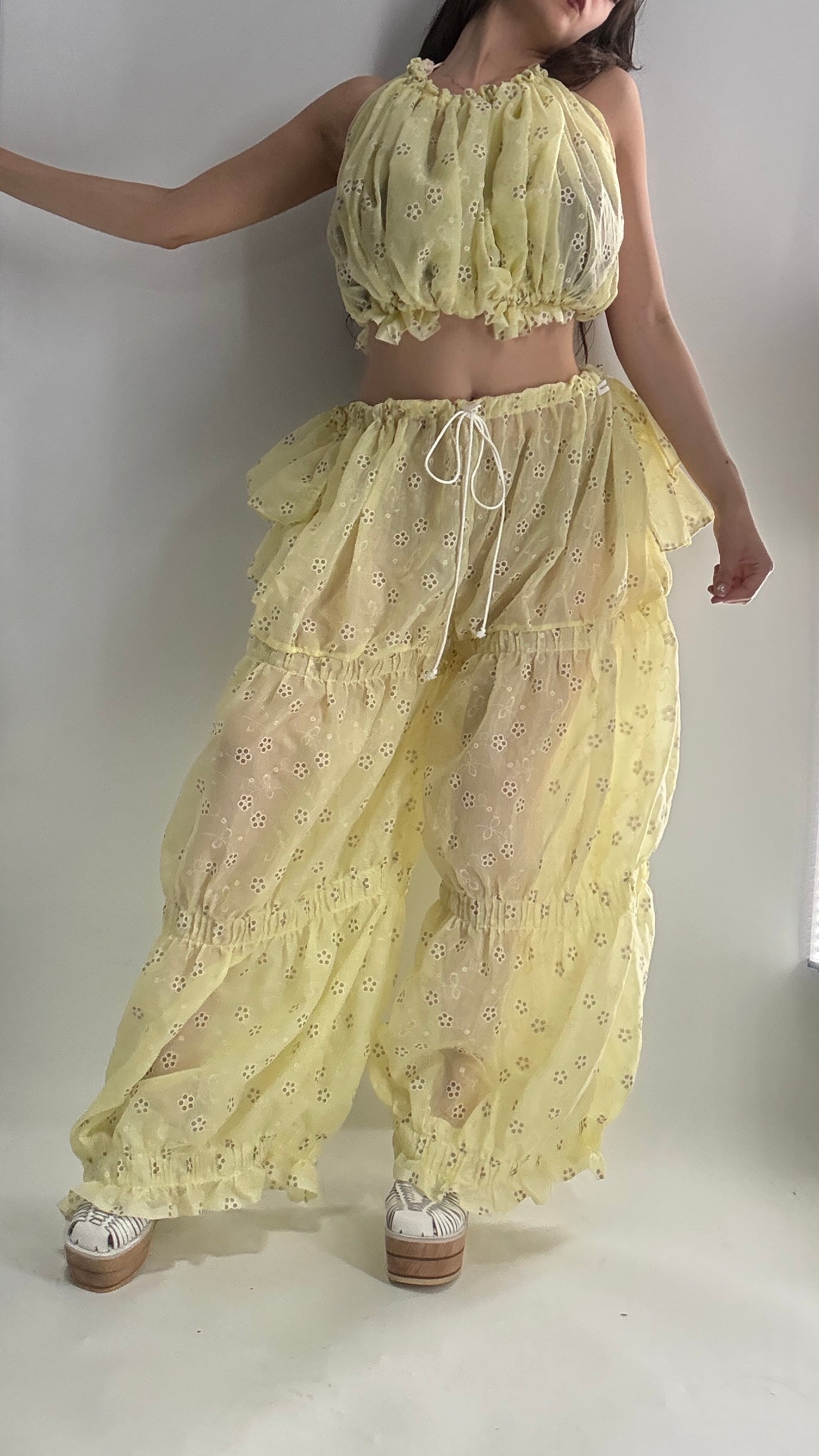 Vintage Handmade 2pc Baby Yellow Set with Tiered Pants, Ruffled Bum, and Floral Eyelet Pattern (XS-M)