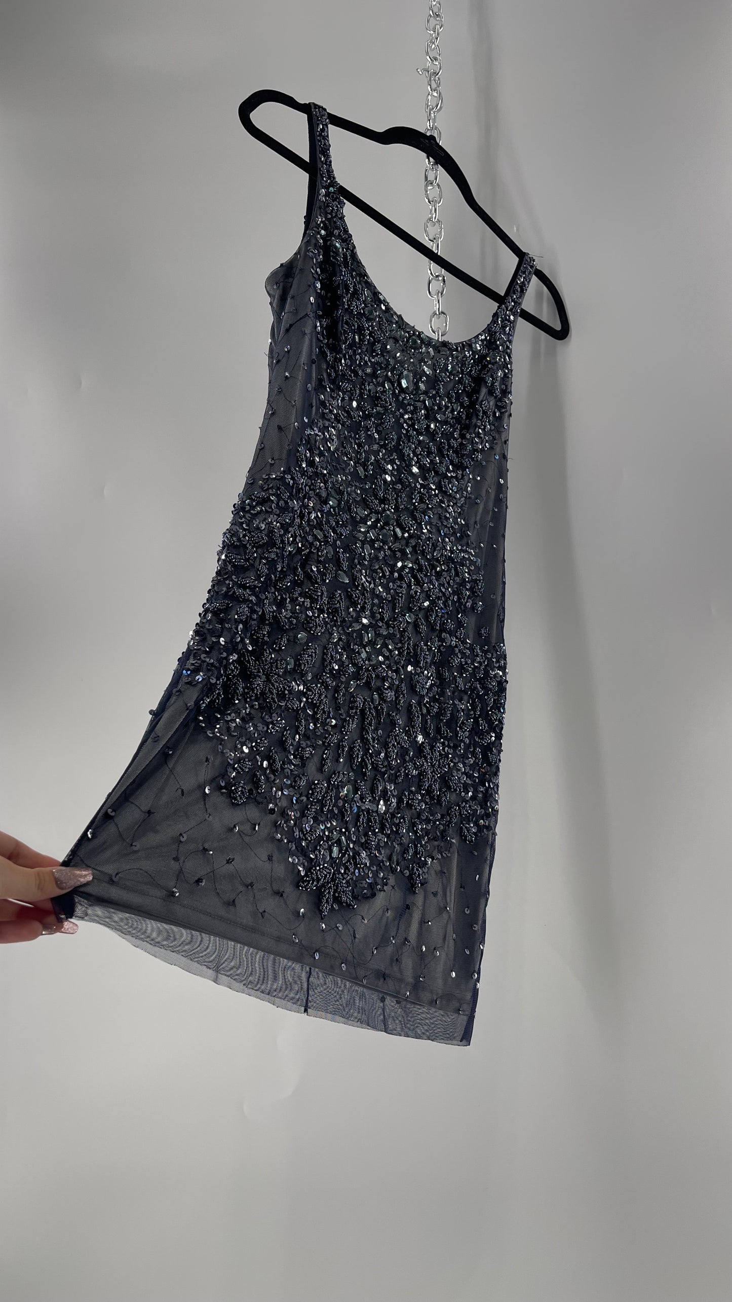 Vintage Cache Moonlight Grey/Navy Blue Tunic Mini Dress with Accentuating Placement of Beads, Sequins and Embroidery Details (2)