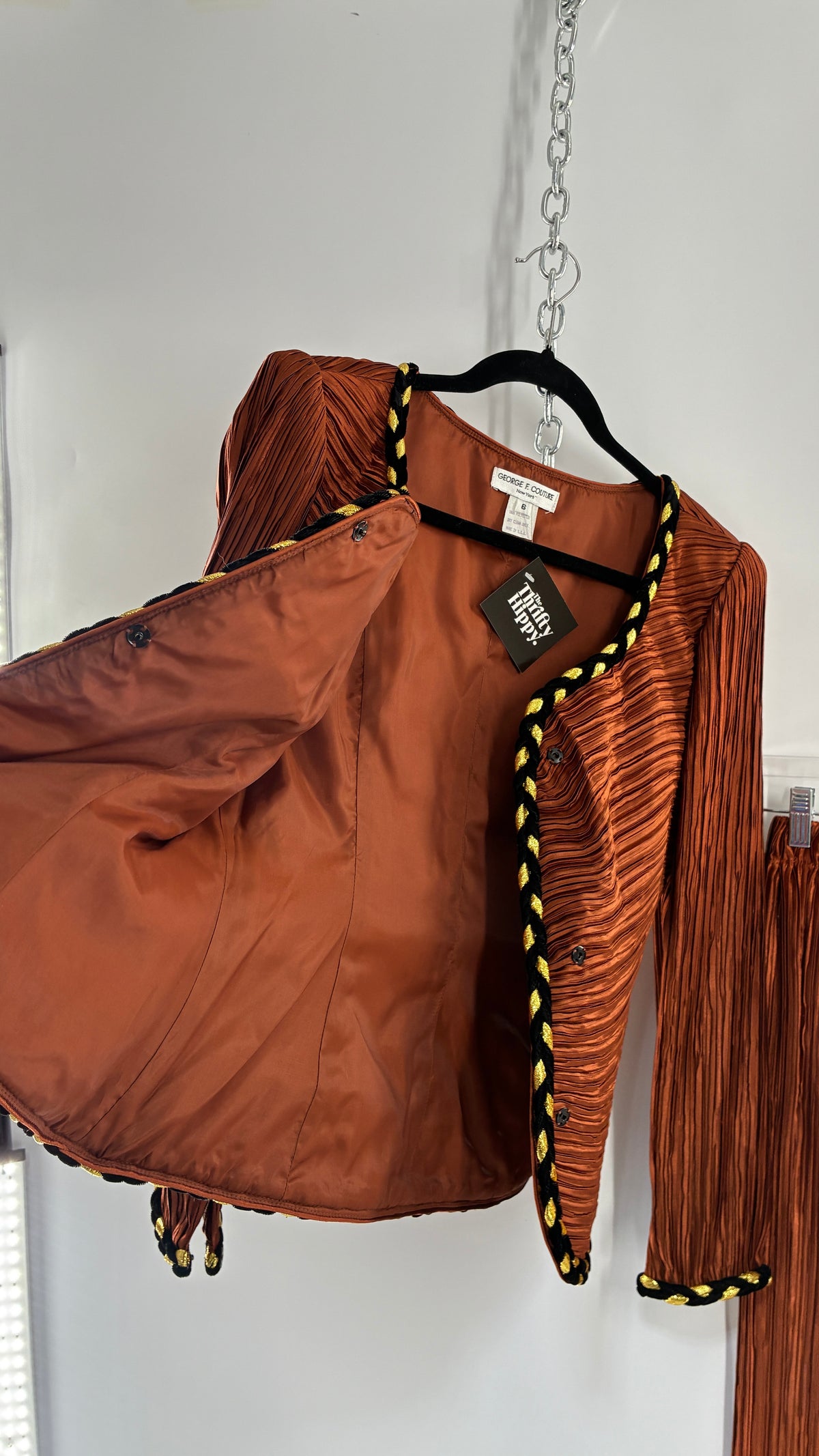 Vintage GEORGE F COUTURE Plissé 2 Piece Burnt Orange Structured Blazer Set with Velour, Gold Rope Detail (6)