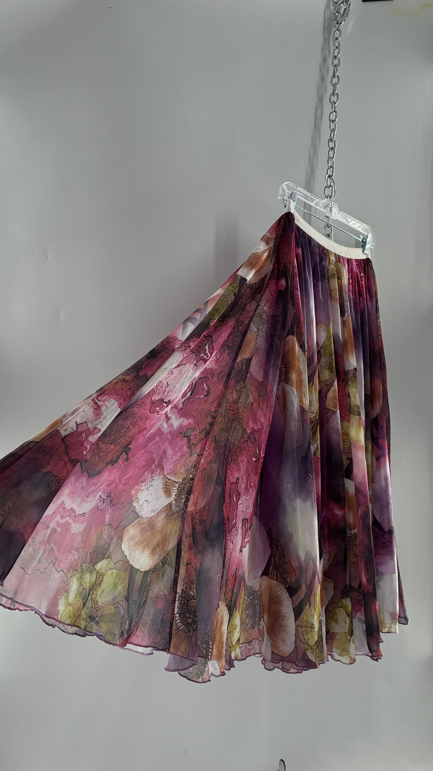 Vintage Full Length Silky Graphic Florals Skirt (Medium)