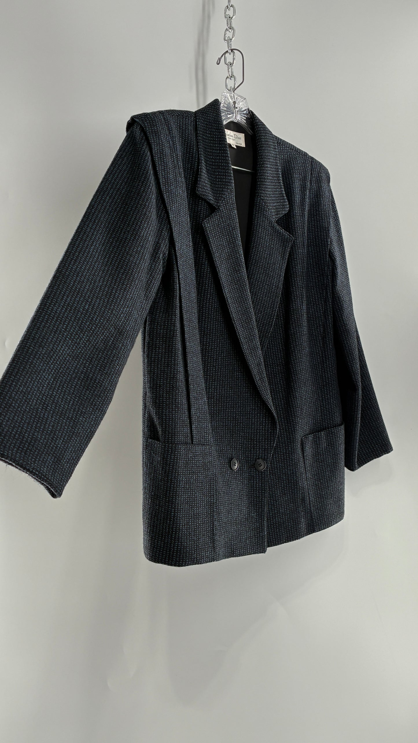 Vintage CHRISTIAN DIOR Navy Woven Maxi Skirt and Oversized Lapel Style Blazer with Padded Shoulders (8)
