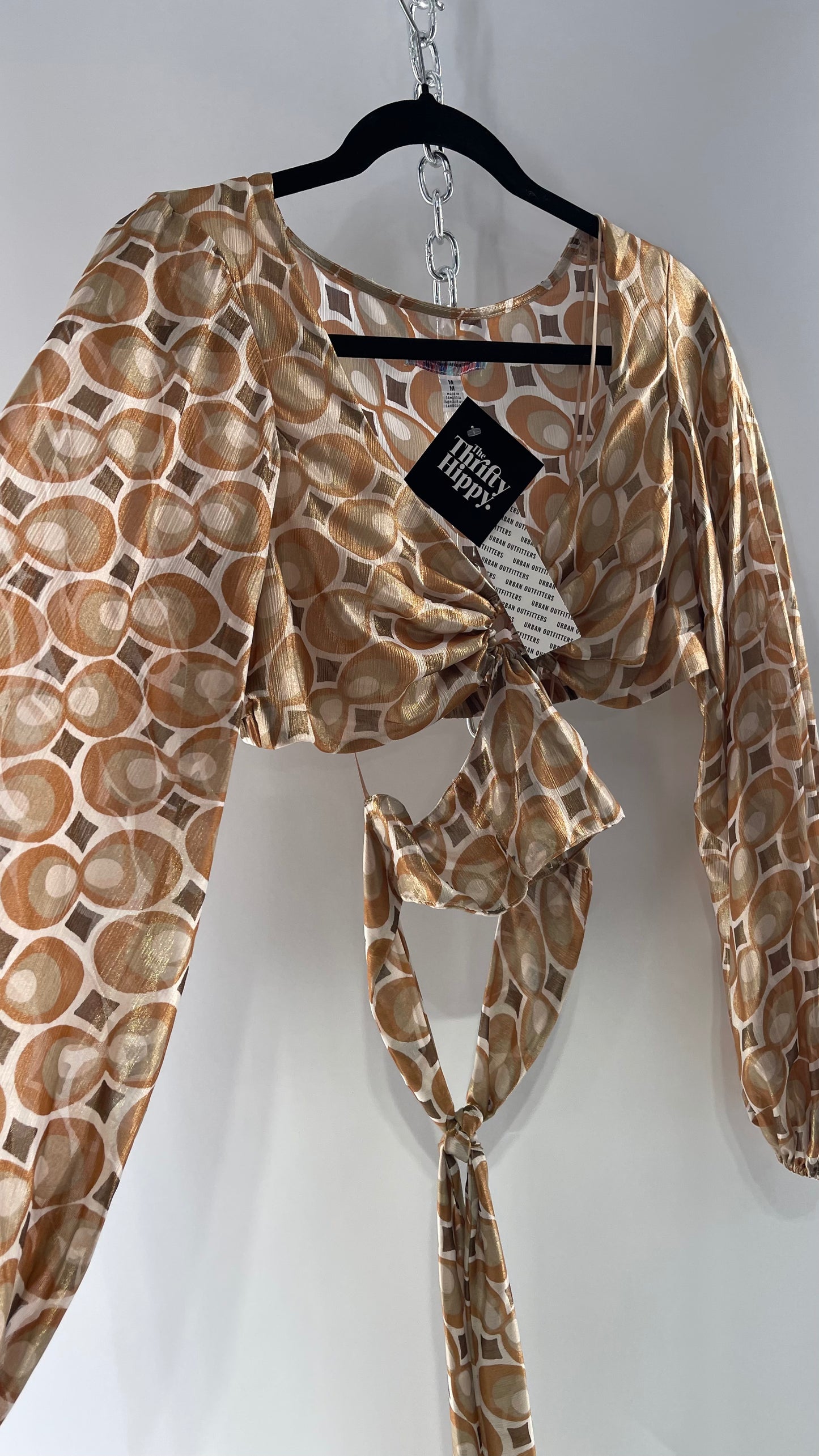 Urban Outfitters Shimmer Top Balloon Sleeve Gold Retro Print Cut Out Tie Around Blouse (Medium)