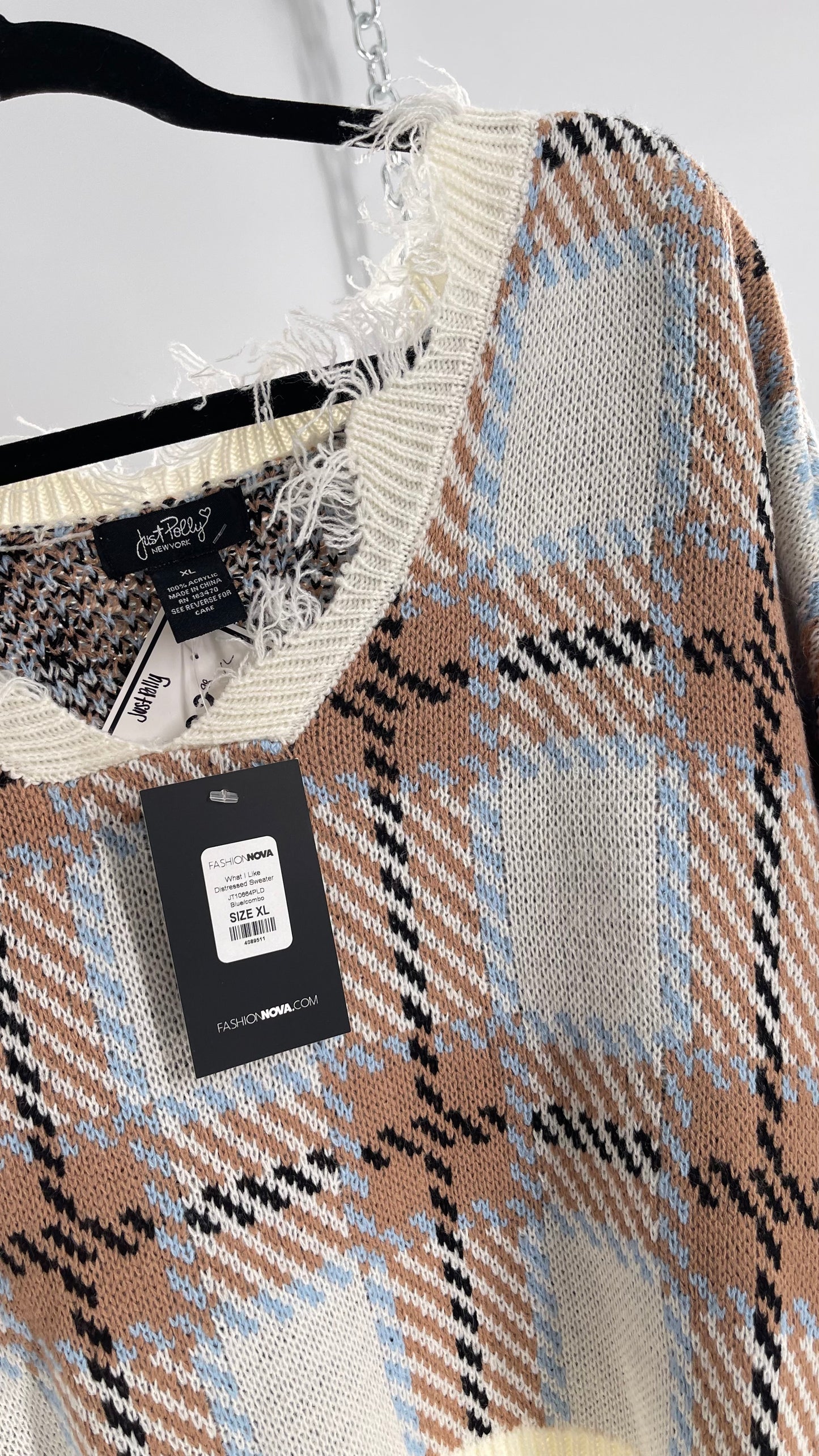 Fashion Nova Plaid Powder Blue/Tan Distressed Sweater