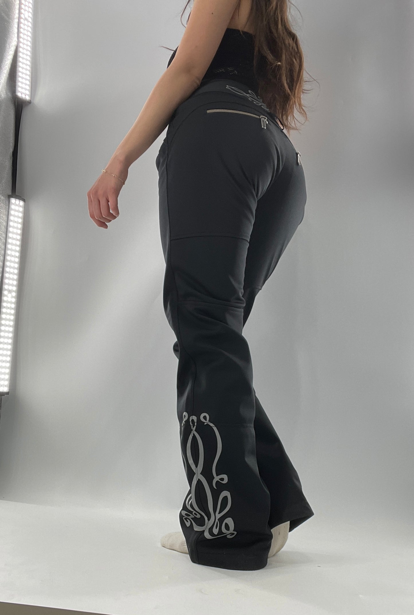 Vintage Athleta Flare 100% Nylon Thick Stretchy Black Pants with Side Clasps, Low Rise, Graphic on Back and Side of Leg (4)