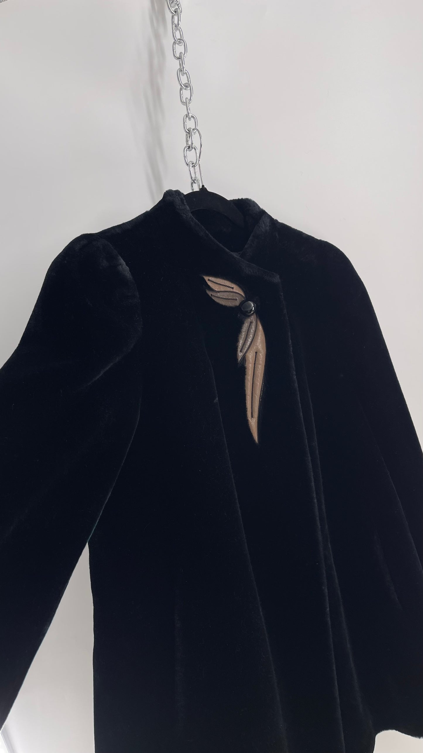 Vintage SASSON Black Faux Fur Coat with Embroidered Leather Patch Detail (Small)