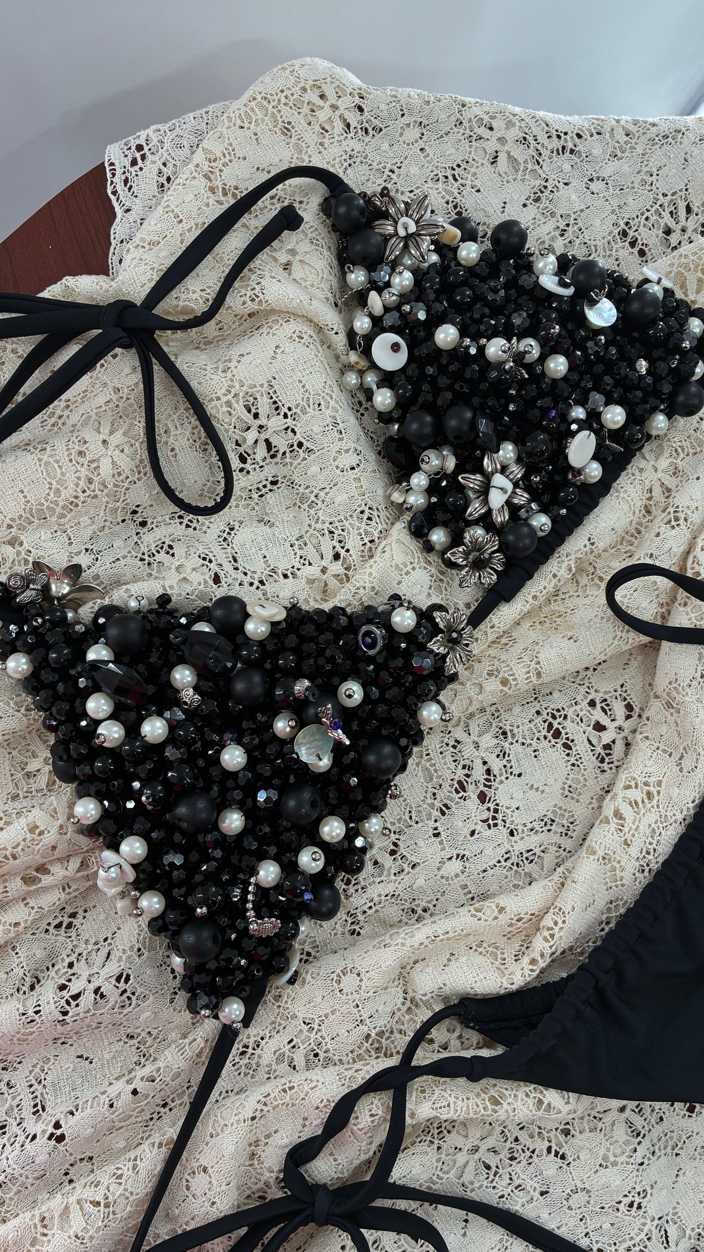 CUSTOM 1/1 Black Swimsuit Covered in Hand Placed and Sewn Beads, Charms, and Gems (MEDIUM)