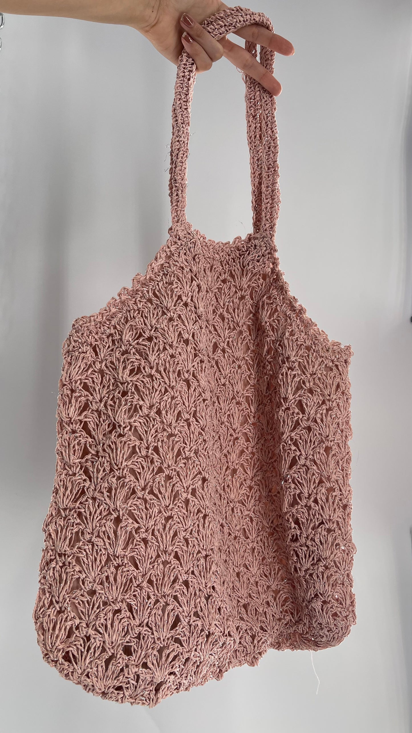 Urban Outfitters Baby Pink Straw Tote Bag with Silver Tinsel