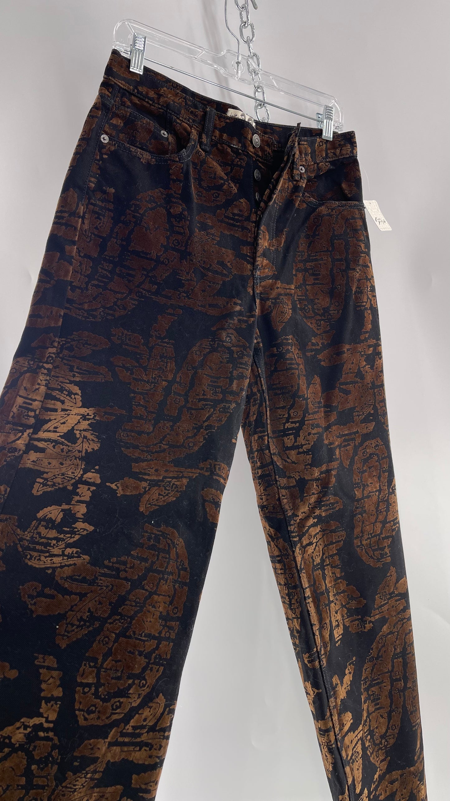 Free People Black/Brown Velvet Texture Graphic Straight Legs with Raw Edge Hem and Tags Attached (28)