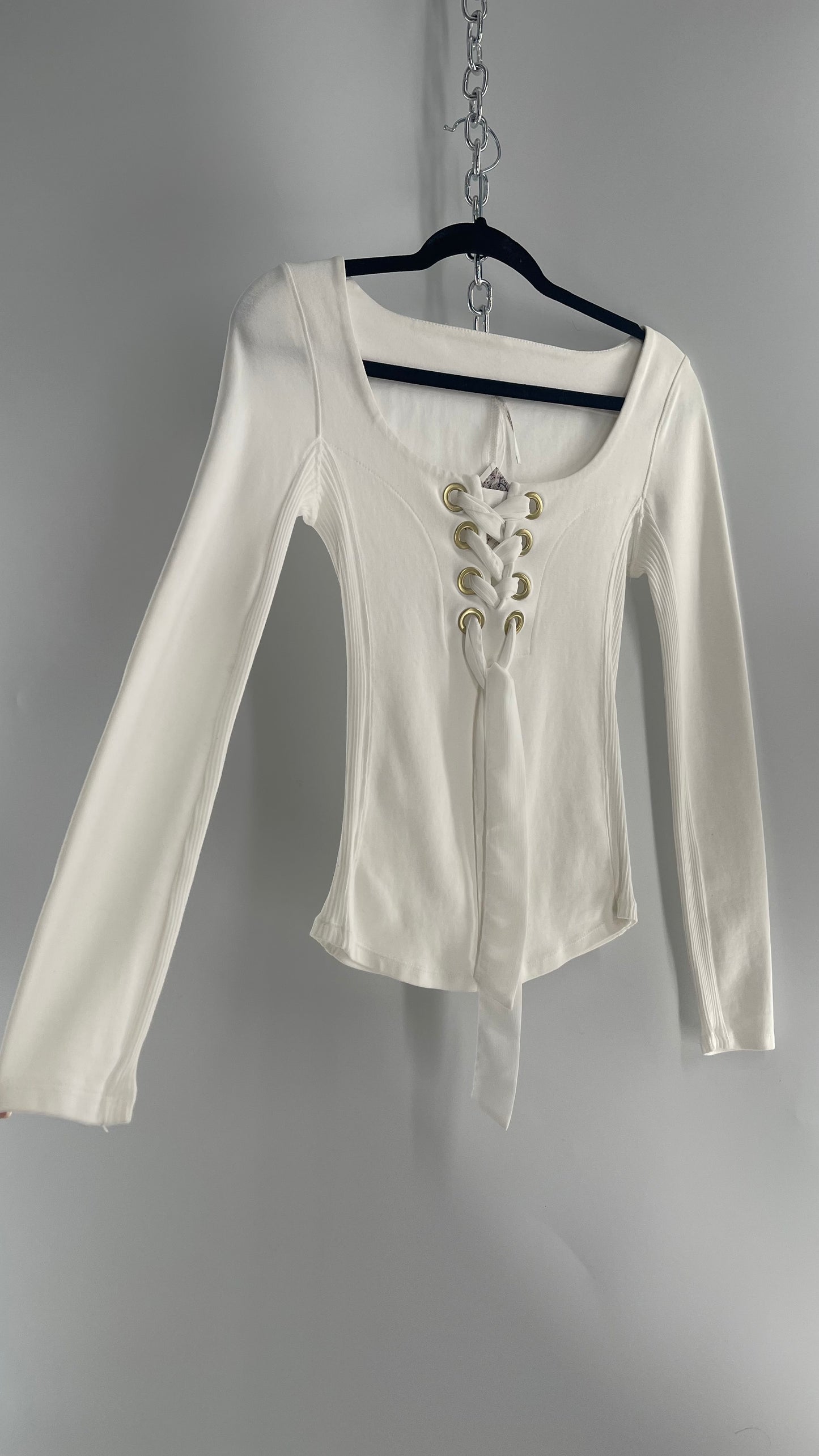 Free People White Lace Up Long Sleeve with Gold Grommets (XS)